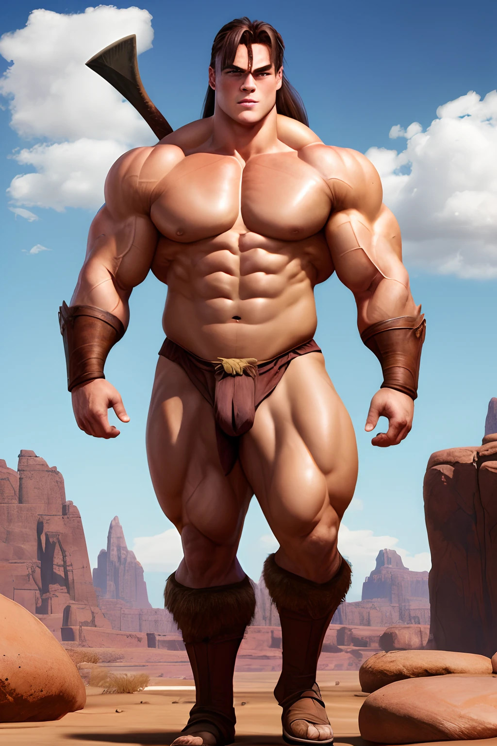 Conan Exiles Style, standing front, (((((FRONT))))) young, bald-headed warrior, has no chest hair () (young face), European facial features, dark brown hair, hair in a ponytail with bangs that fall over the forehead and on both sides of the face, white sclera, blue eyes (detailed eyes), pixiv top rated, shirtless, 270 lbs, front view, even shoulders, perfect hunky muscles, pumped up muscles, hunky muscular body, gigantic chest with narrow waist, huge shoulders, ridiculously shapely large pecs, eight chiseled abs, thick arms like formidable trunks and thighs. (heavily toned and huge) narrow waist, barbarian, D&D character, brave warrior, human, handsome face, young face, skill image, rocky desert behind him, sunny day, few clouds in the sky, looking at viewer, breaking the fourth wall, bulge in his crotch.