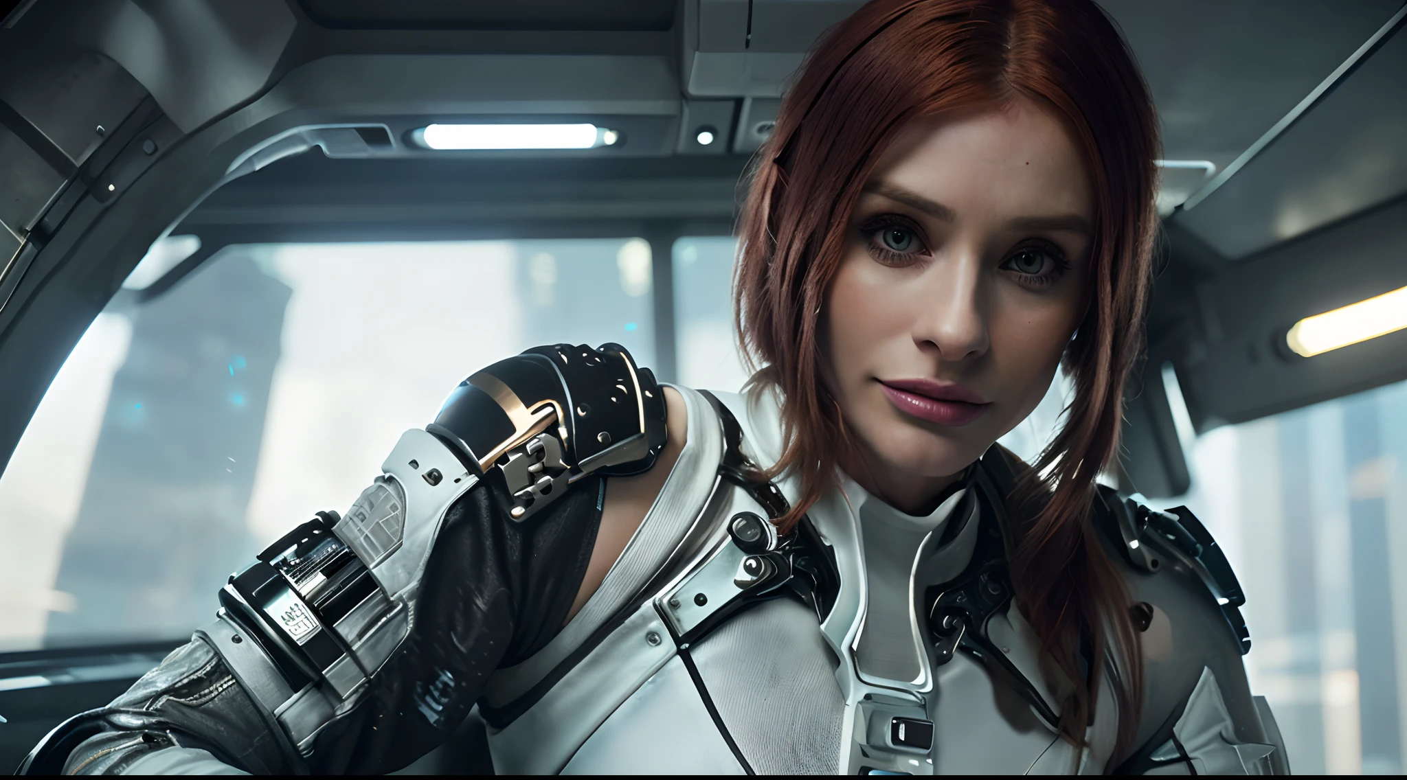 (8k, ARTISTIC photography, best quality, masterpiece: 1.2), (realistic, photorealistic: 1.37), over-detailed, low angle shot (high-detail skin: 1.2), 8k uhd, SLR camera, soft lighting, high quality, film grain, Arri Alexa, cinematic lighting, photonic display, brightness, physically rendered photo (female cyberpunk hacker IN A futuristic space station), cute face, (( cute smile)), over-detailed face, (((Bryce Dallas Howard))), (( white dress )), ((( rick owens style dress )), ((( intricate outfits))), posing, ghetto (((pure 8K))), (((perfect anatomy))) voluptuous body, thick thighs, extremely high-quality graphics, Riddley Scott, Blade Runner, Denis villeneuve (((cinematic lighting))), ((clear details)), ((syd mead)) complex, highly detailed background, ((medium close up))