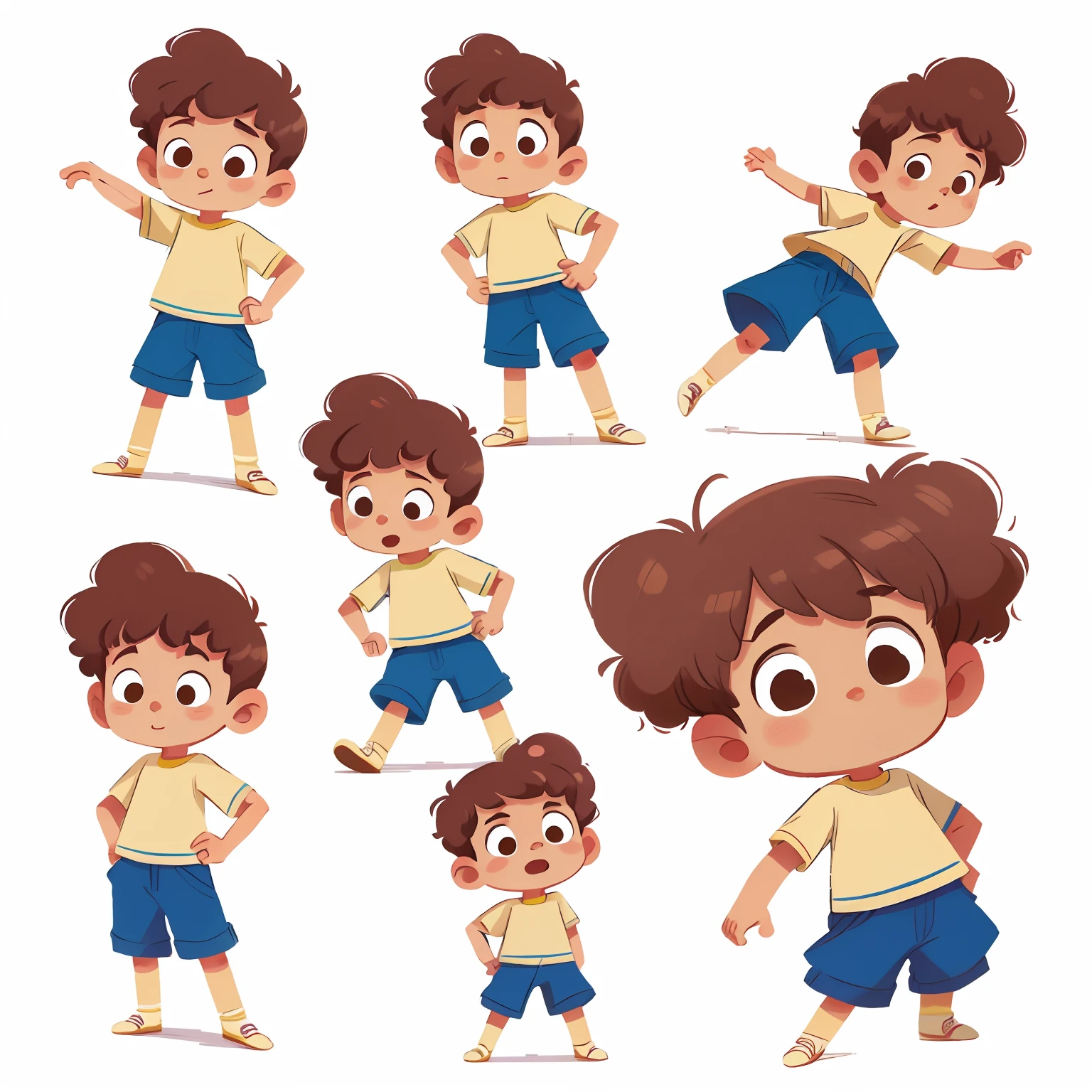 with short curly hair,
detailed character sheet, multiply poses and expessions, isolated on white background, character design, hyper detailed, fine details, reference sheet,
in the style of childreb book charecterarecter sheet, white background
children book character