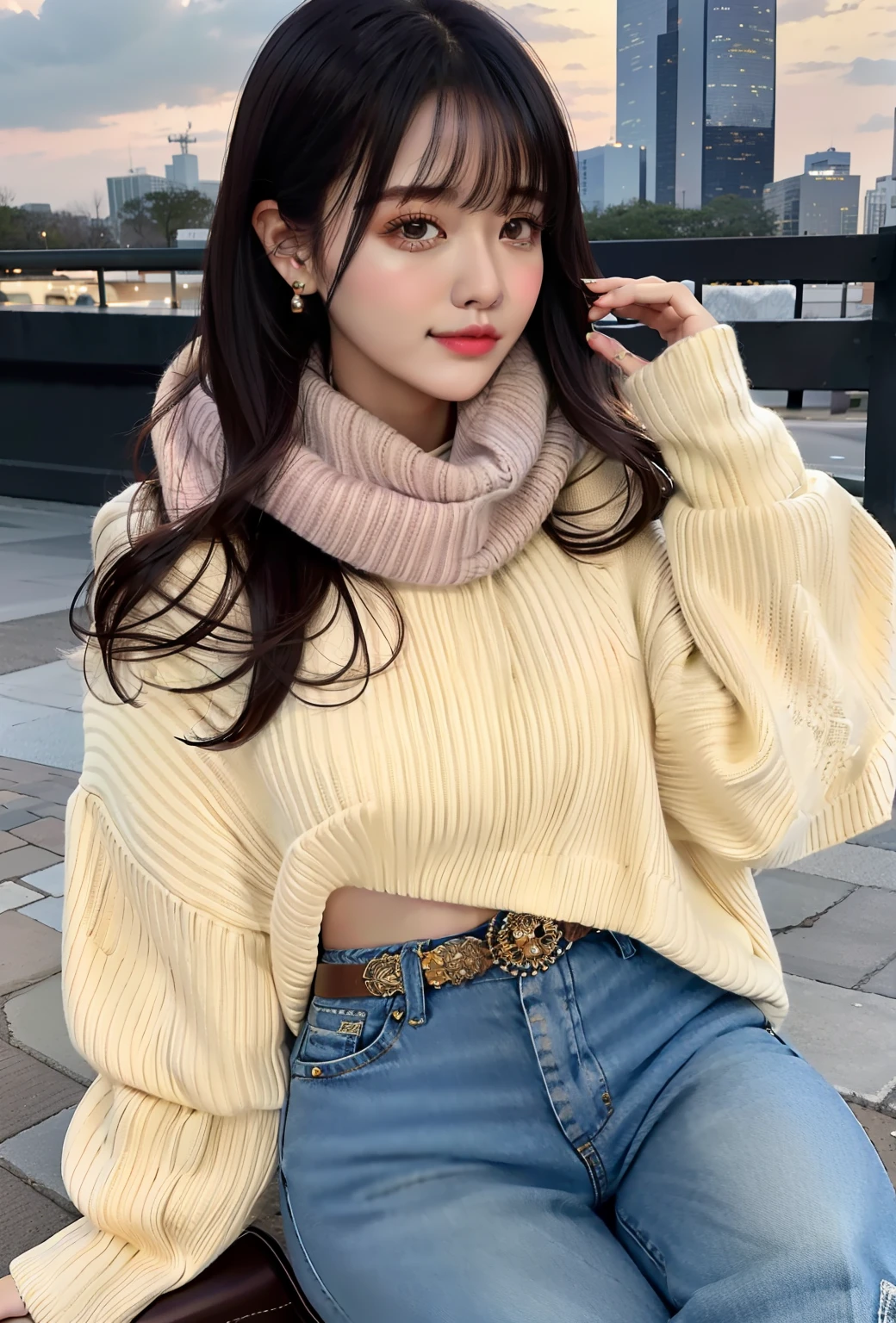 Best quality,masterpiece
1 Girl, upper_body, cowboy_shot,
Oversized sweaters、skinny pants、Ankle boots、Unlimited scarves and stud earrings。Air bangs