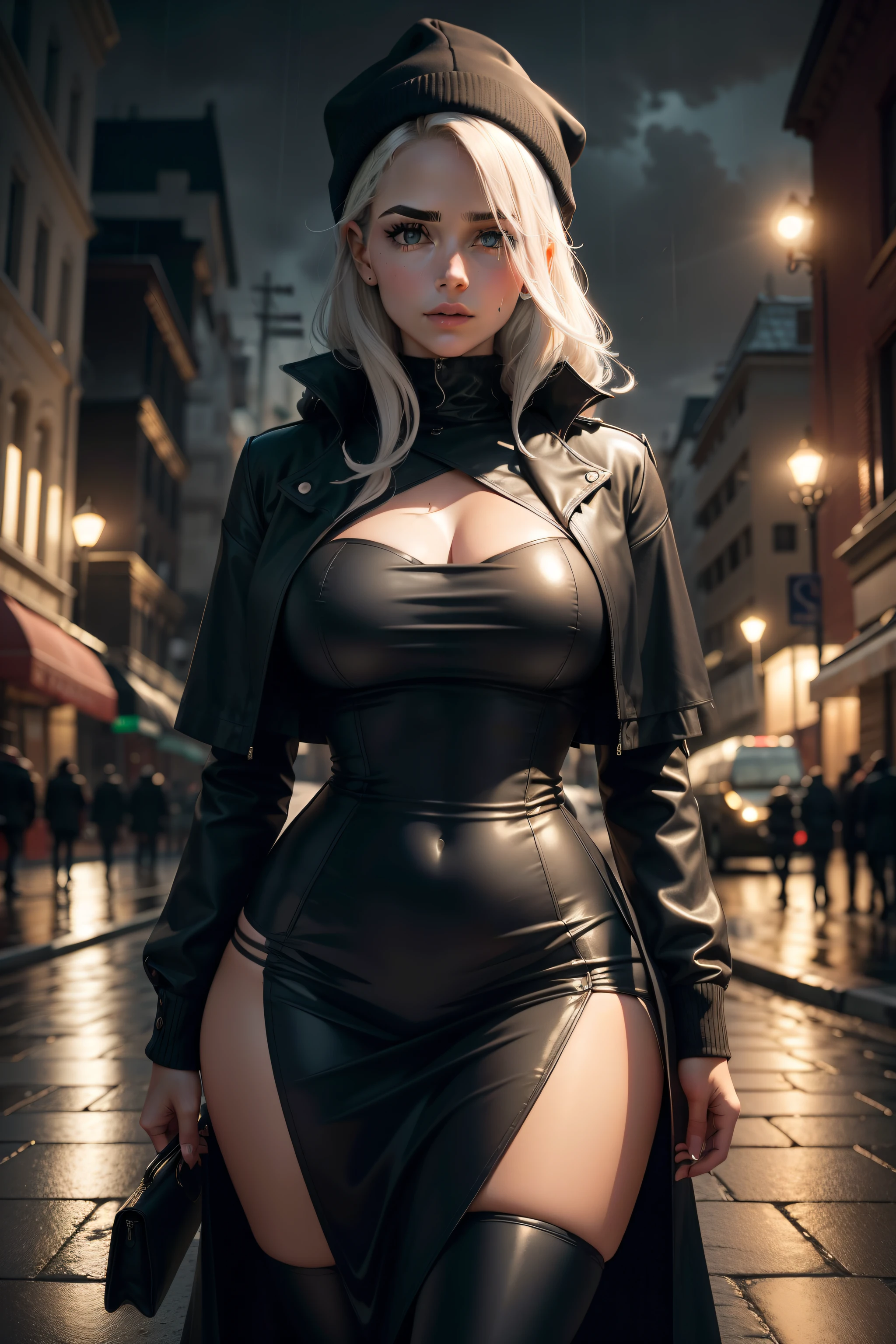 Crie uma imagem intrigante de uma detetive mulher, com um toque de sensualidade misteriosa. Ela deve estar vestida de maneira elegante e sofisticada, wearing a dark overcoat that enhances her curves and conveys mystery. Seus cabelos negros devem cair de forma sutil sobre um dos olhos, ocultando parte do seu rosto, enquanto o outro olho olha diretamente para a frente, revealing determination and wit. She's on a rainy street at night, with reflections of lights from wet lamps on the floor. His posture is confident, and she holds a magnifying glass with one hand, como se estivesse prestes a desvendar um enigma. The setting should convey a climate of mystery, Thriller and action. Deixe os detalhes da imagem falar por si, arousing the viewer's curiosity about the stories that this detective has already unraveled and the mysteries that she is yet to solve.