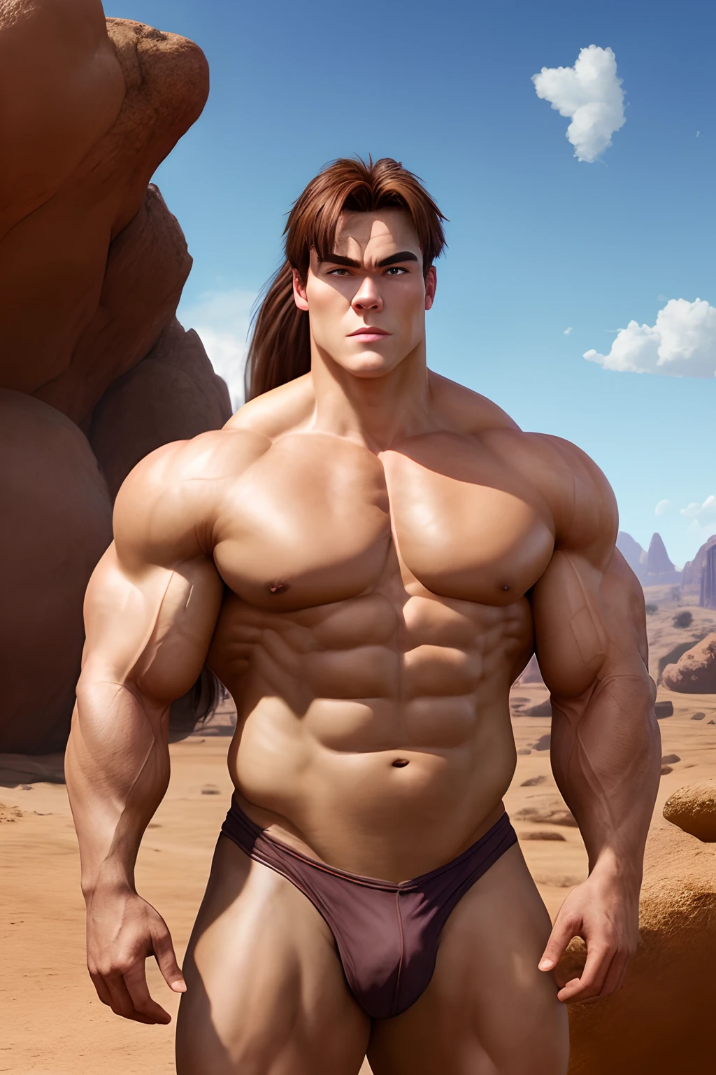 Conan Exiles Style, standing front, (((((FRONT))))) young, bald-headed warrior, has no chest hair () (young face), European facial features, dark brown hair, hair in a ponytail with bangs that fall over the forehead and on both sides of the face, white sclera, blue eyes (detailed eyes), pixiv top rated, shirtless, 270 lbs, front view, even shoulders, perfect hunky muscles, pumped up muscles, hunky muscular body, gigantic chest with narrow waist, huge shoulders, ridiculously shapely large pecs, eight chiseled abs, thick arms like formidable trunks and thighs. (heavily toned and huge) narrow waist, barbarian, D&D character, brave warrior, human, handsome face, young face, skill image, rocky desert behind him, sunny day, few clouds in the sky, looking at viewer, breaking the fourth wall, bulge in his crotch.