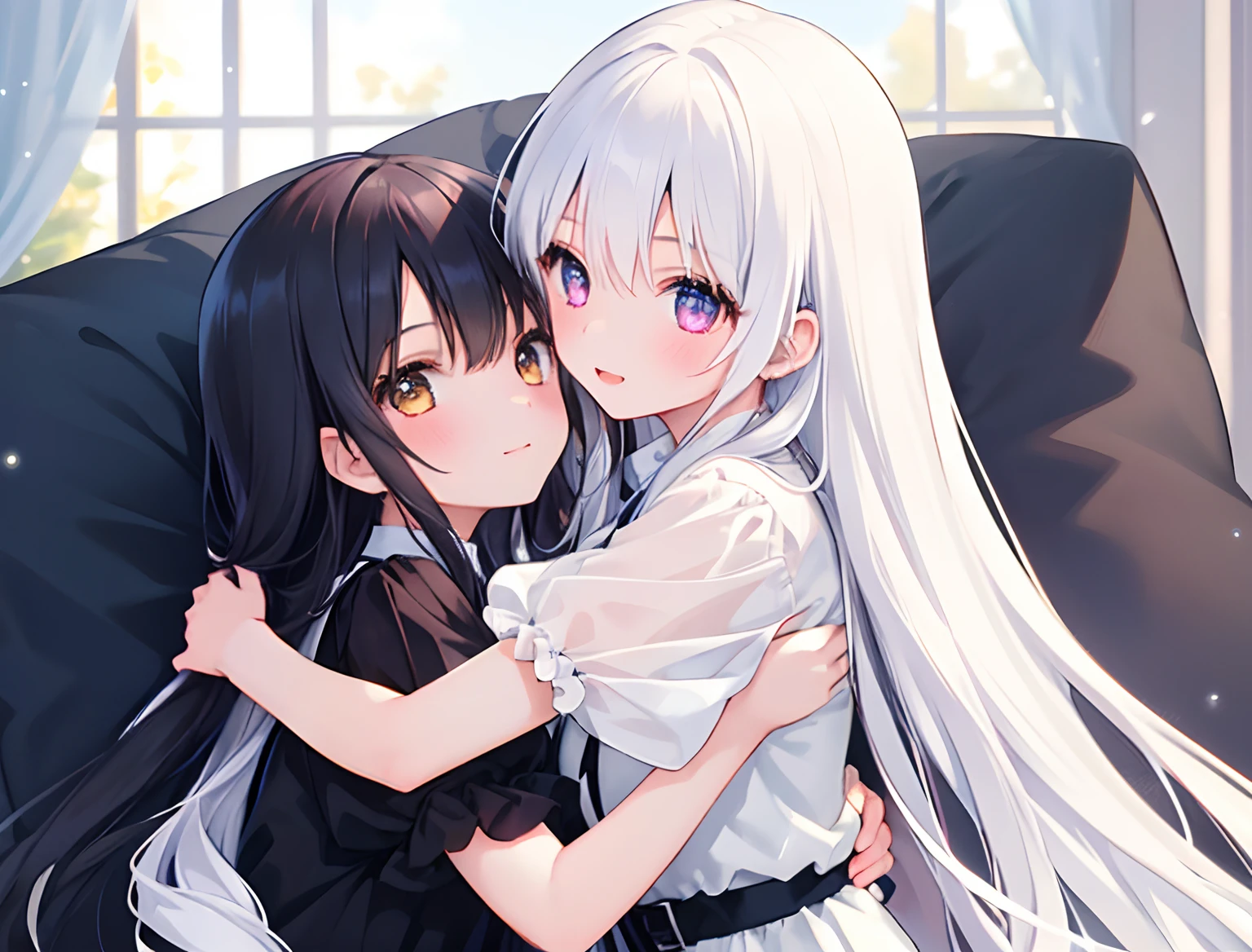 2girls,Girl1:adolable,White color hair,long whitr hair,girl 2:White color hair,long whitr hair, hugs,