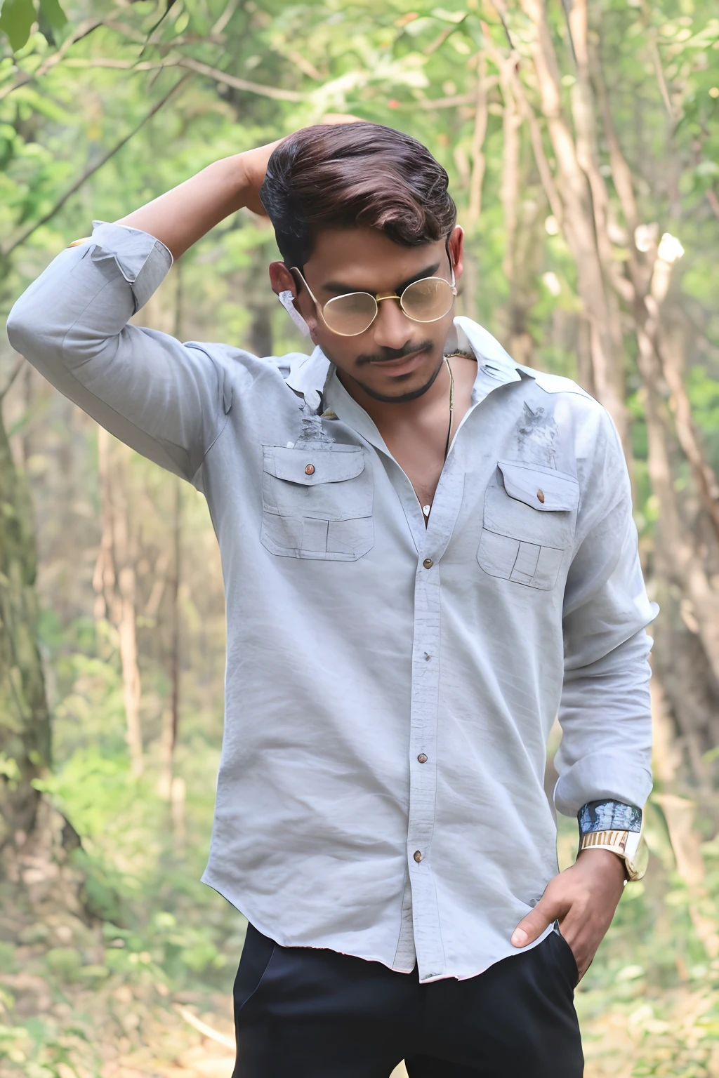there is a man that is standing in the woods with his hands on his head, jayison devadas style, jayison devadas, wearing in shirt, with lovely look, with a cool pose, stylish pose, vastayan, with accurate face, wearing a linen shirt, vinayak, casual photography, amidst nature, modeling shoot, with sunglass