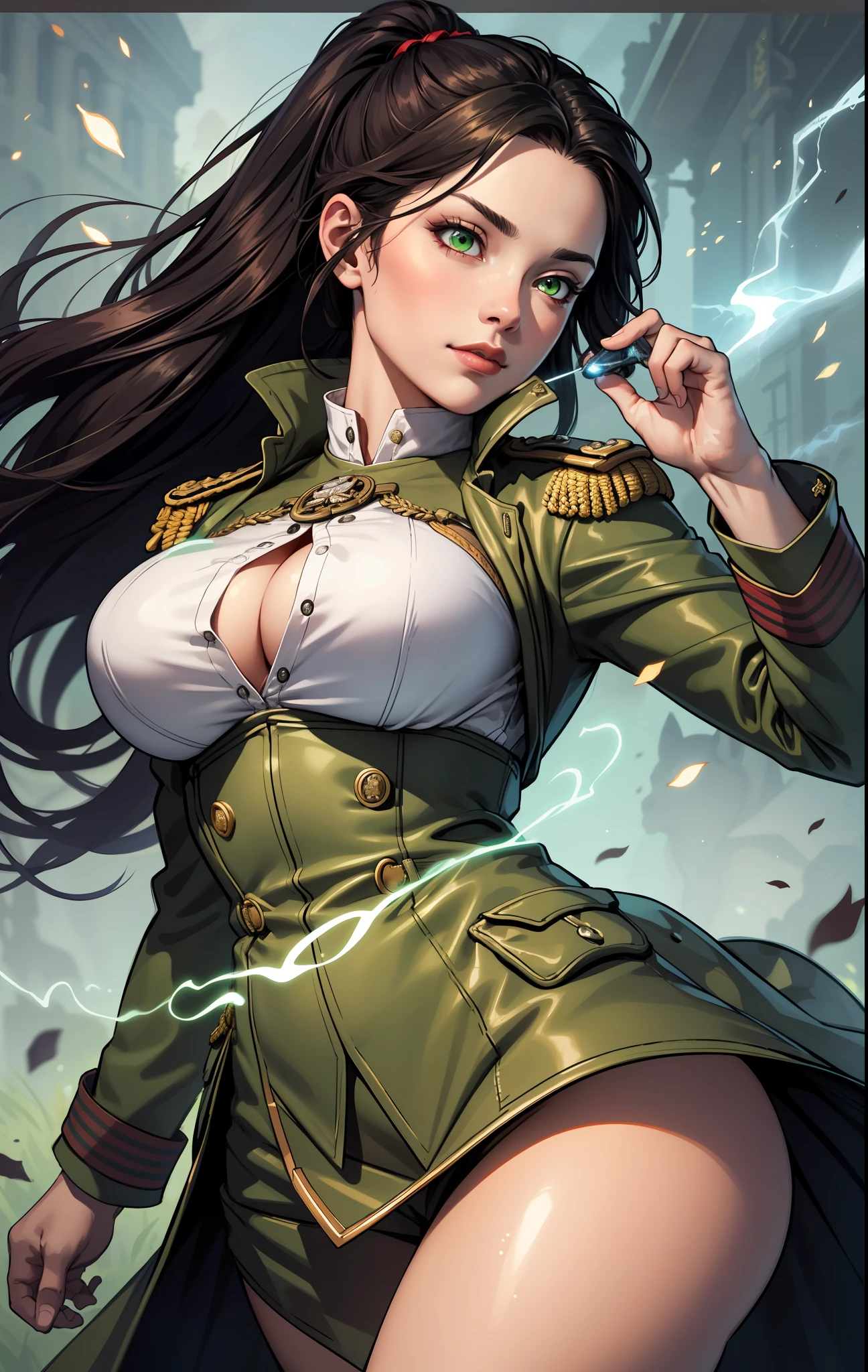 (((Best Quality)), ((Masterpiece)), (Detailed:1.4), 1women, 独奏, black hair, Green eyes, pony tail, glowing eyes, , a perfect face, Military uniform of the German Empire, Khaki raincoat, combat boots, Prehistory of the Kaiser's Empire, Morning lighting, Casting magic spells, The magic of the wind, Ethereal luminous aura,), ( military uniform), big breastes