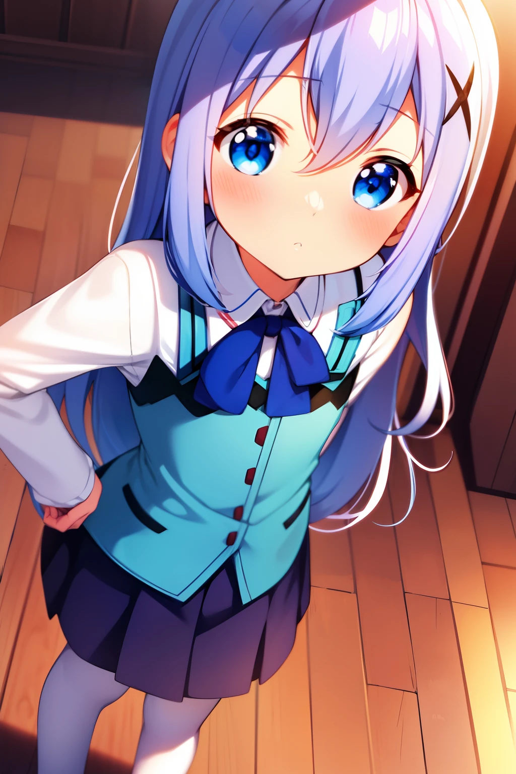 Is your order a rabbit?.Tomona Kaze.up chest.put hands on the hip.look from above.long hair.Blue eyes.light Blue hair.Face of sadness.