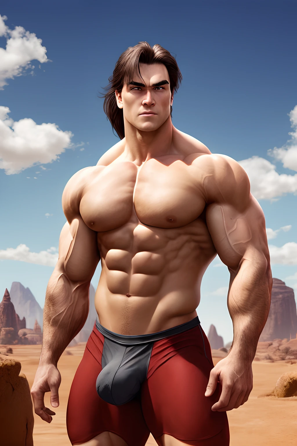 Conan Exiles Style, standing front, (((((FRONT))))) young, bald-headed warrior, has no chest hair () (young face), European facial features, dark brown hair, hair in a ponytail with bangs that fall over the forehead and on both sides of the face, white sclera, blue eyes (detailed eyes), pixiv top rated, shirtless, 270 lbs, front view, even shoulders, perfect hunky muscles, pumped up muscles, hunky muscular body, gigantic chest with narrow waist, huge shoulders, ridiculously shapely large pecs, eight chiseled abs, thick arms like formidable trunks and thighs. (heavily toned and huge) narrow waist, barbarian, D&D character, brave warrior, human, handsome face, young face, skill image, rocky desert behind him, sunny day, few clouds in the sky, looking at viewer, breaking the fourth wall, bulge in his crotch.