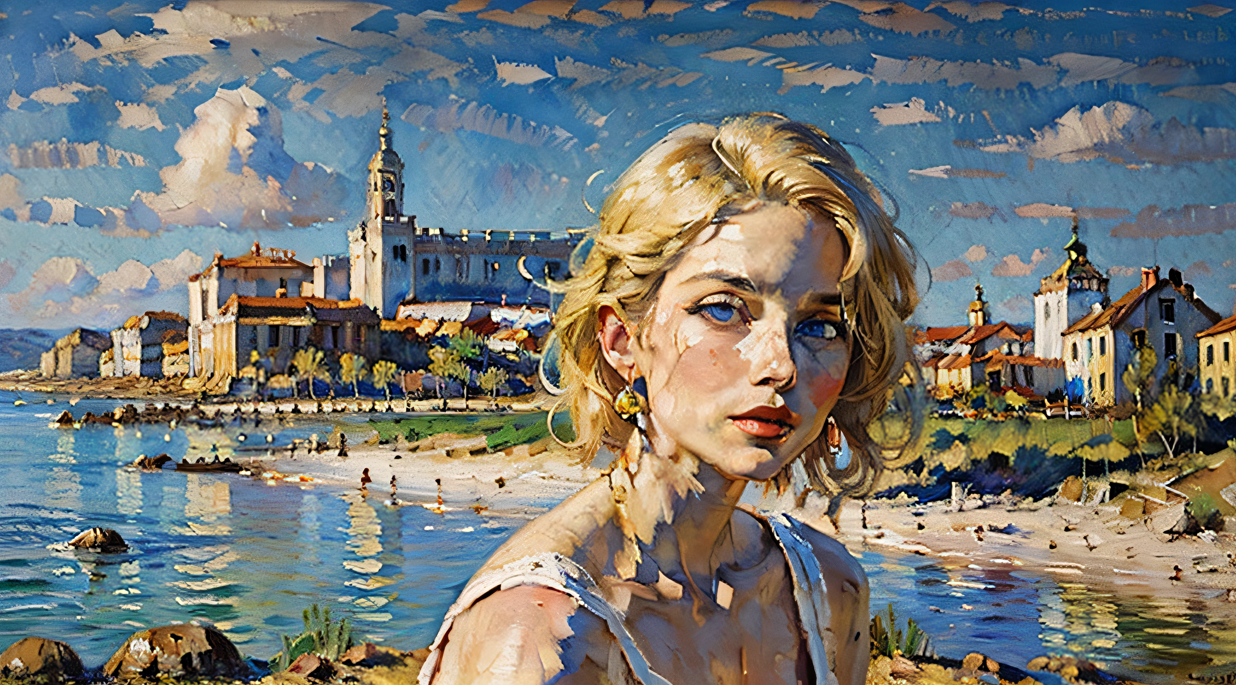 Beautiful white woman, blond hair, blue eyes, red lips,  blue sky in  Background,  head and shoulders portrait, dynamic lighting, intricately detailed,  triadic colors, volumetric lighting, oil on canvas, oil painting by James Gurney, oil painting, acrylic painting, palette knife, watercolor, muted color, golden hour, smooth