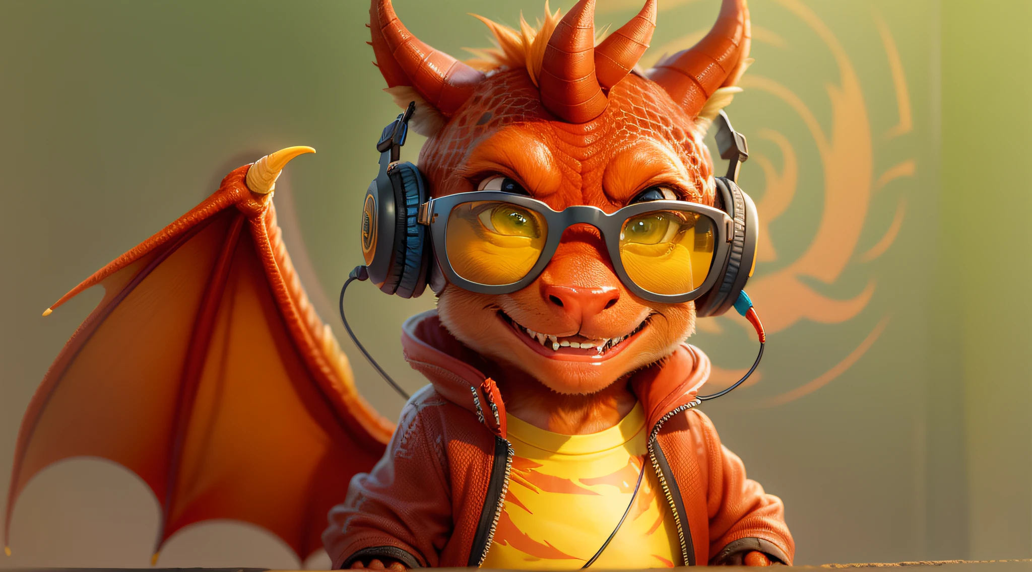 A cute red dragon wearing street wear clothes, yellow sunglasses and a earphone. no background. smiling face.