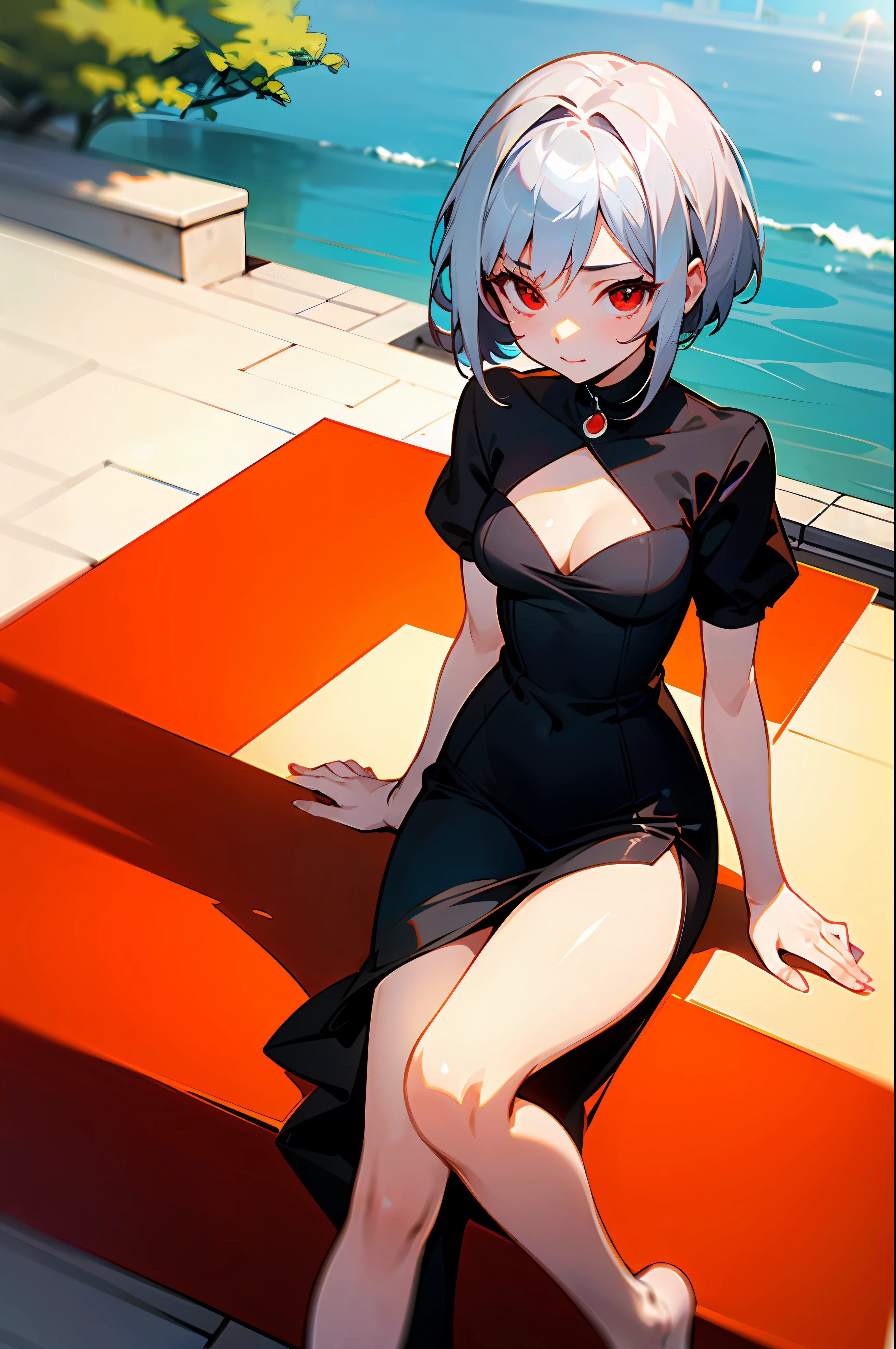 Anime girl with silver short hair and red eyes, wearing black dress with red addons, sitting on the table, sunny day, perfect body, supersharp, no shoes, ultra graphics, 8k, masterpiece, seductive girl,