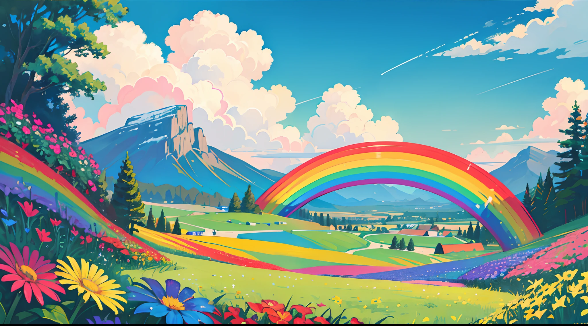 (high quality, masterpiece) "Painting rainbow", vibrant colors, (fantasy scenery), bright sun, (colorful flowers:1.2), blue skies, green grass, magical atmosphere.