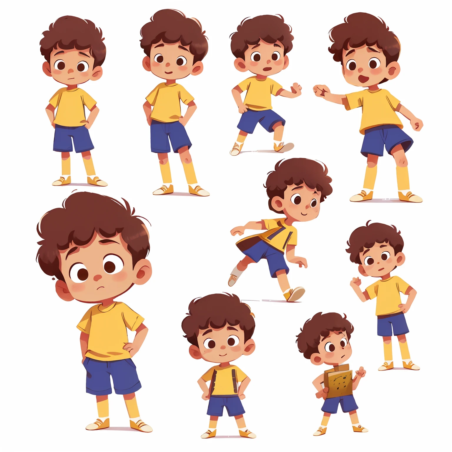 12 years ot curly hair,
detailed character sheet, multiply poses and expessions, isolated on white background, character design, hyper detailed, fine details, reference sheet,
in the style of childreb book charecter,
charecter sheet, white background
children book character