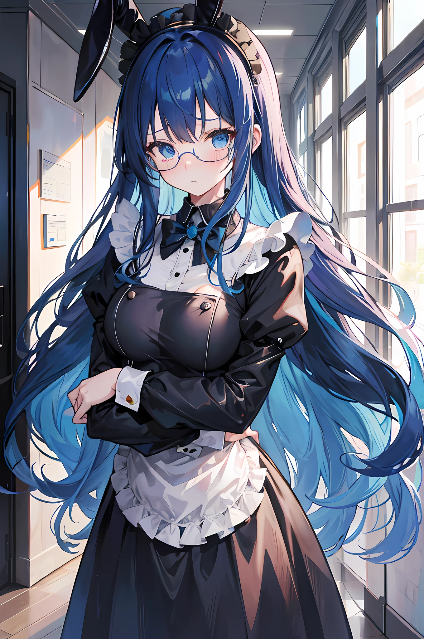 high res, ultrasharp, 8k, masterpiece, 1 girl, long blue hair, wavy hair, blue eyes, black glasses, rounded glasses, blue bunny ears, black maid uniform, shy expression, embarrassed