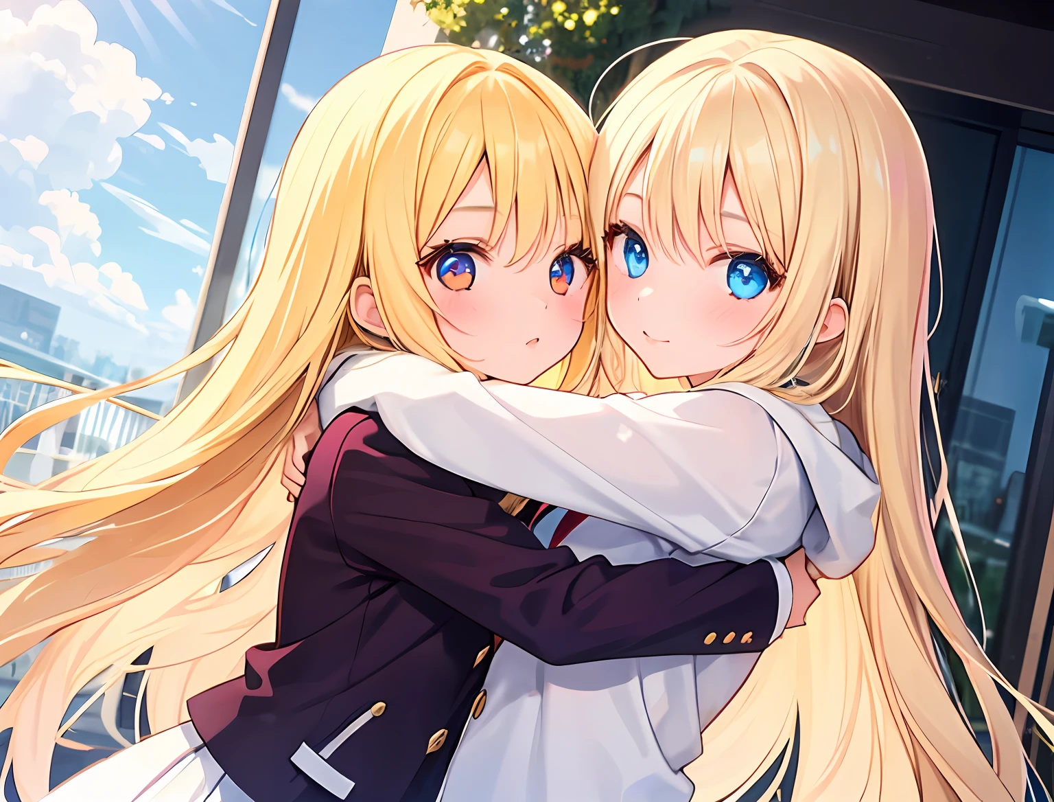 2girls,Girl1:,adolable,Blonde hair,long whitr hair,girl 2:Blonde hair,long whitr hair,hugs