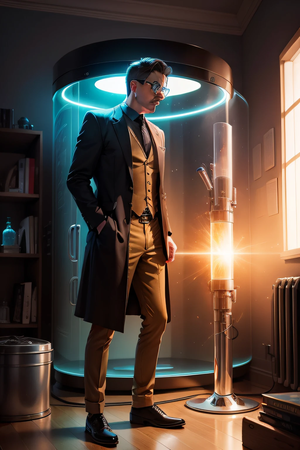 man, time machine, science fiction, full color, drawing