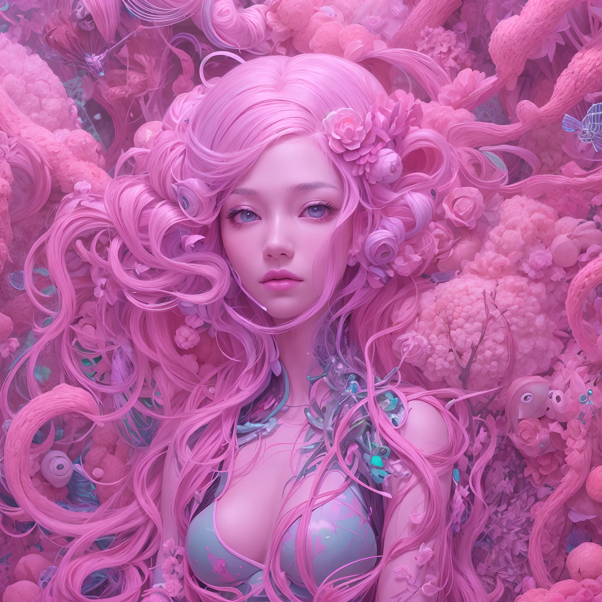 Goddess of artificial intelligence, James jean, annie liebowitz, anime, studio ghibli, beautiful androgynous humanoid velvet worm Hallucigenia, pink-pigmented skin, long purple hair, pastel skin, muted blues, muted colors of pink skin, mix neon highlights full body, masmer izing, Photorealistic, Anamorphic lenses, everything in sharp focus, film, sharp focus, polymer, pastel, ternary, dreamcore landsacape --ar 4:5 --style raw 50 --s 2