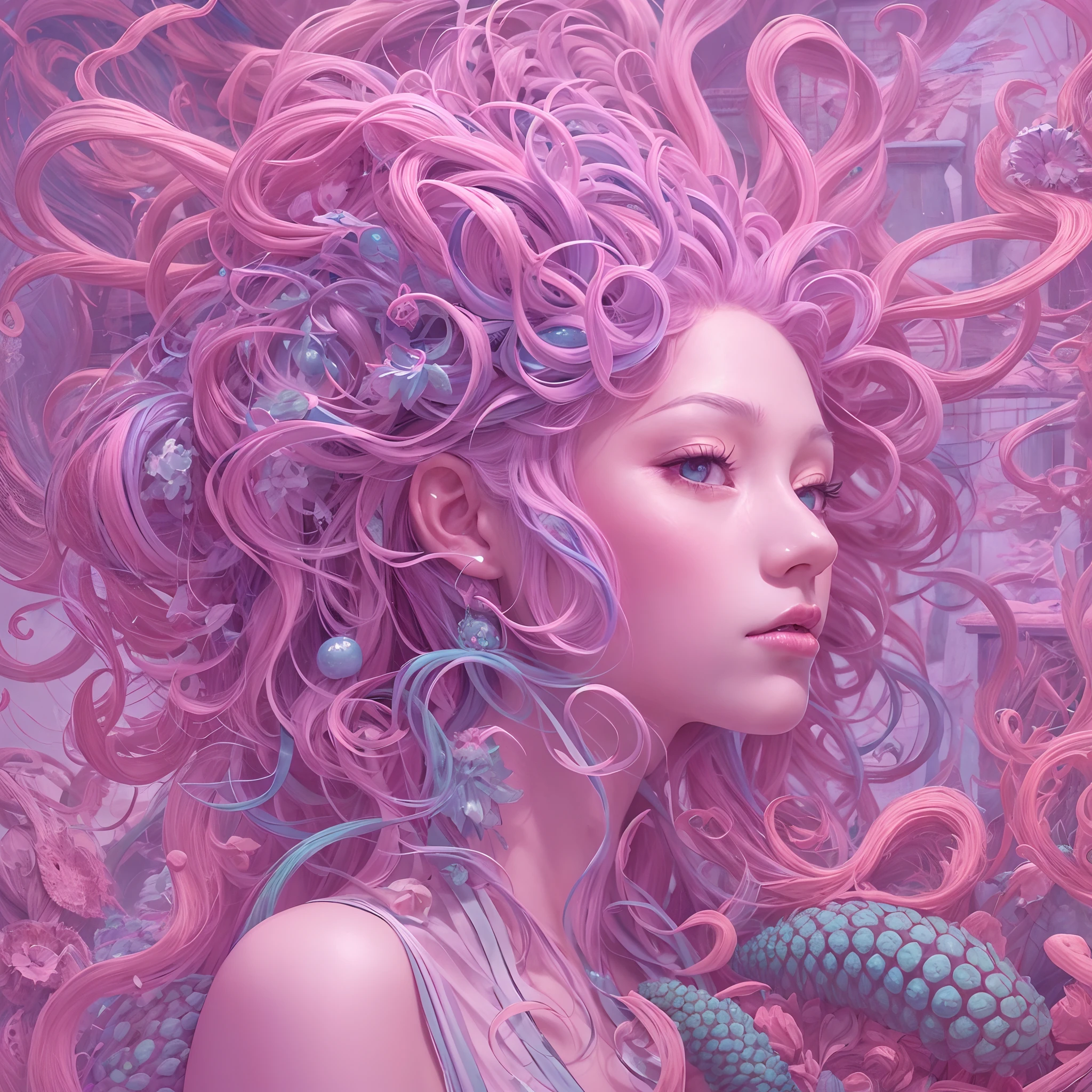 Goddess of artificial intelligence, James jean, annie liebowitz, anime, studio ghibli, beautiful androgynous humanoid velvet worm Hallucigenia, pink-pigmented skin, long purple hair, pastel skin, muted blues, muted colors of pink skin, mix neon highlights full body, masmer izing, Photorealistic, Anamorphic lenses, everything in sharp focus, film, sharp focus, polymer, pastel, ternary, dreamcore landsacape --ar 4:5 --style raw 50 --s 2