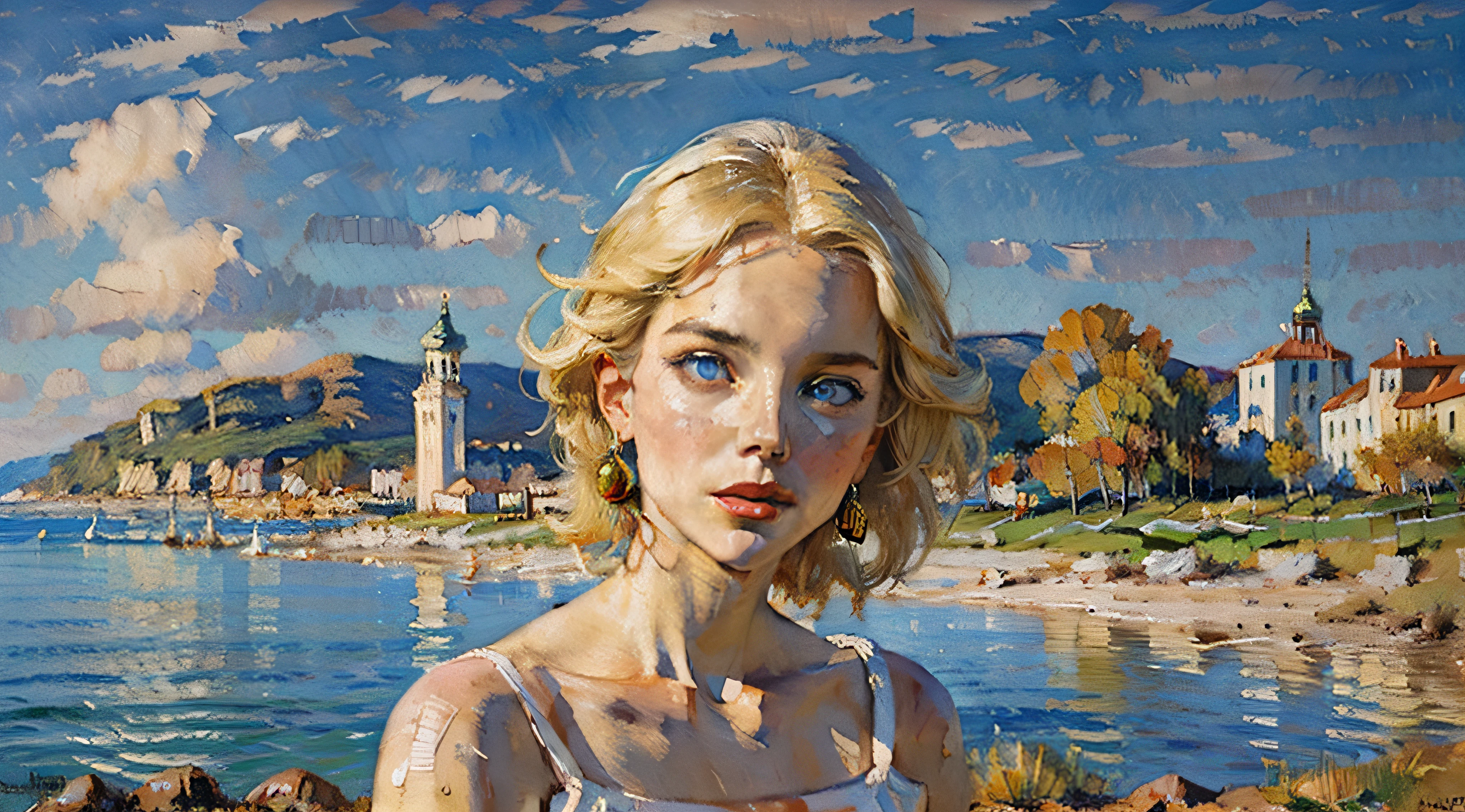 Beautiful white woman, blond hair, blue eyes, red lips,  blue sky in  Background,  head and shoulders portrait, dynamic lighting, intricately detailed,  triadic colors, volumetric lighting, oil on canvas, oil painting by James Gurney, oil painting, acrylic painting, palette knife, watercolor, muted color, golden hour, smooth