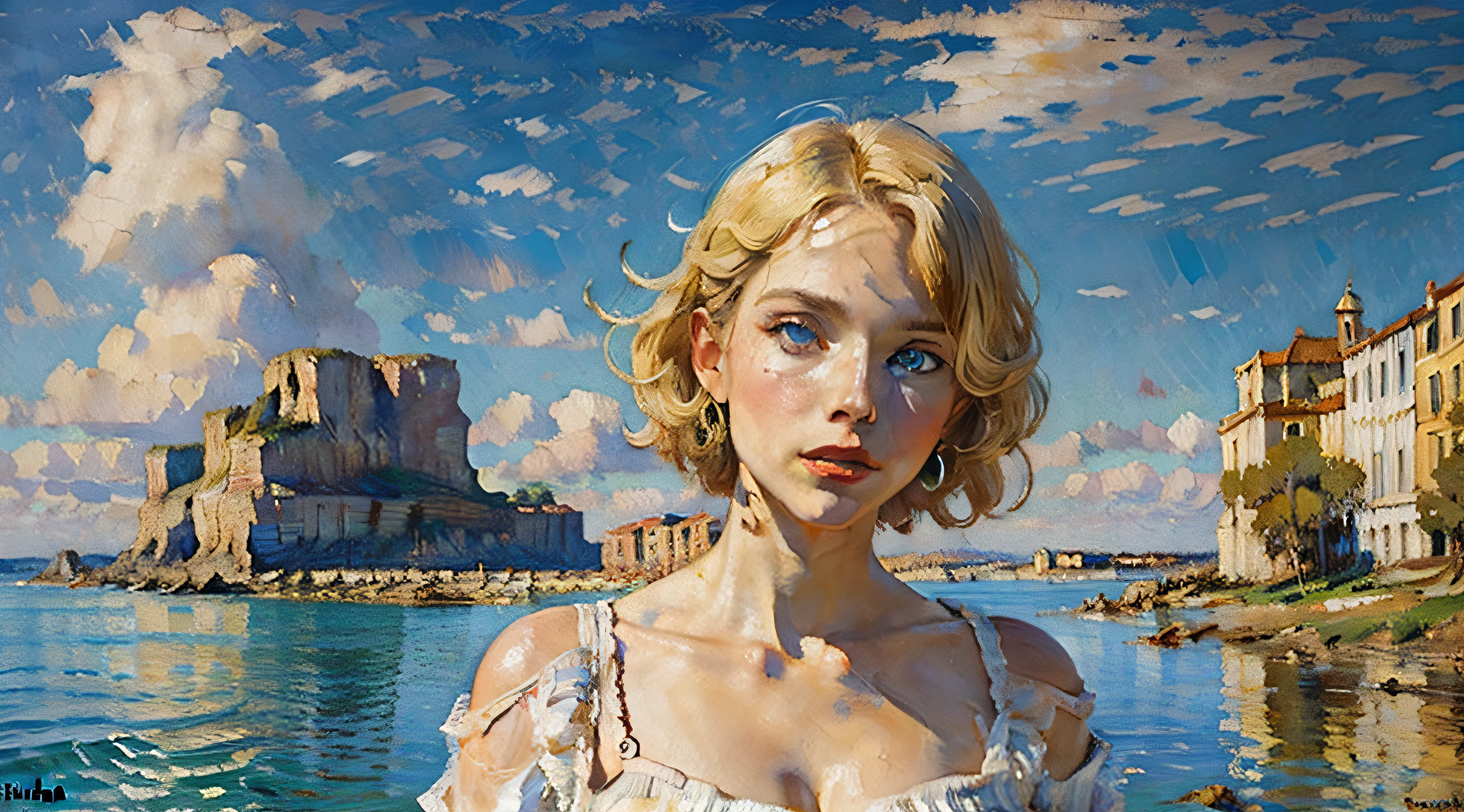 Beautiful white woman, blond hair, blue eyes, red lips,  blue sky in  Background,  head and shoulders portrait, dynamic lighting, intricately detailed,  triadic colors, volumetric lighting, oil on canvas, oil painting by James Gurney, oil painting, acrylic painting, palette knife, watercolor, muted color, golden hour, smooth