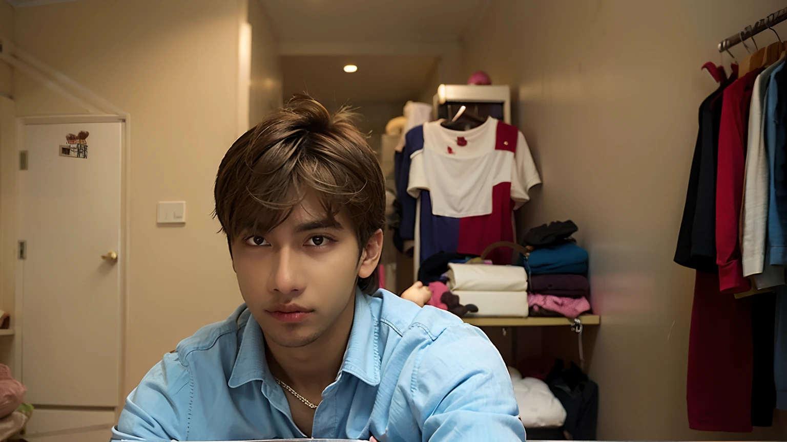 there is a man standing in a room with a bunch of clothes, around 1 9 years old, jayison devadas, with accurate face, jayison devadas style, selfie photo, with lovely look, ayan nag, around 20 yo, with kind face, vinayak, in small room, without helmet, very very low quality picture, front profile!!!!