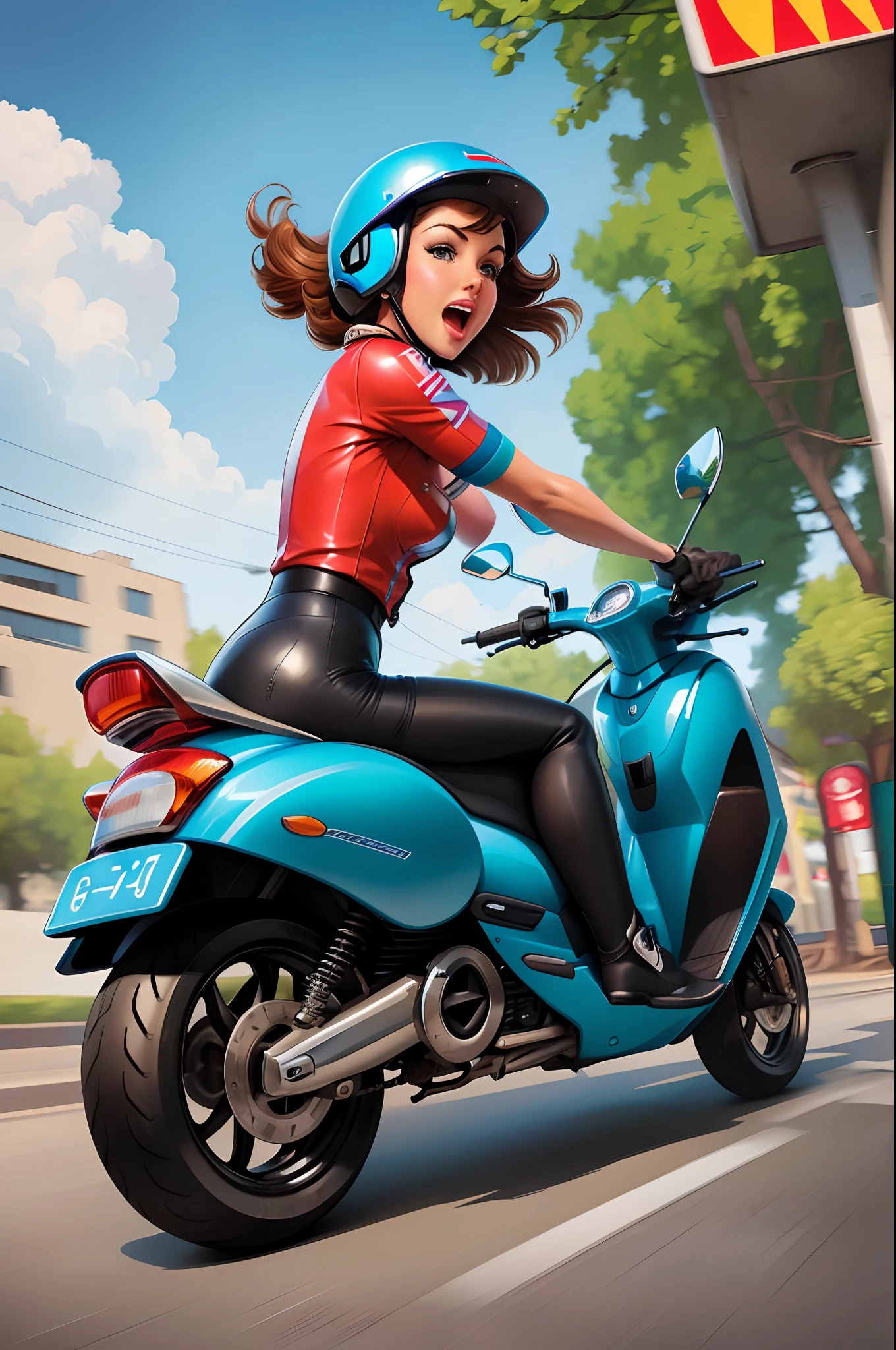 ((beste-Qualit)), ((tmasterpiece)), ((Realistic)), Ultra-detailed, (Girl rides fast on a scooter), Surprised, dynamics, PIN-up, Illustration by Gil Eugren, —q 4 —s 750