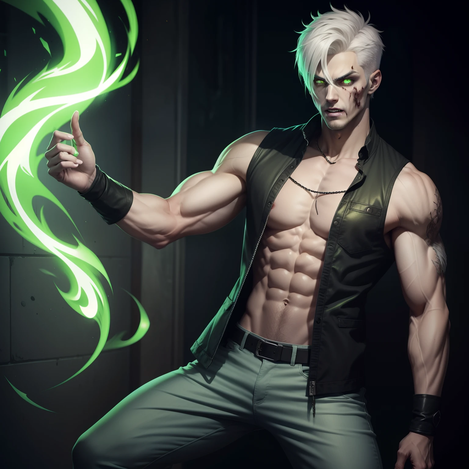 Male. Attractive zombie with glowing green eyes. Tall, slender, muscular build. White hair styled in a short hairstyle. Dressed in casual attire.