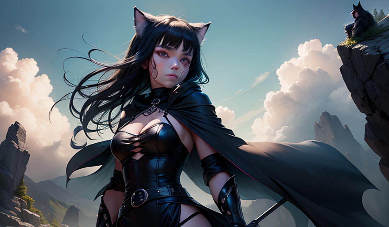 (skill + artistic selection + full detail picture + high-resolution picture + floating + dynamic angle + (1girl) + combat + fabric + costume, black robe, black cloak and bow around the neck + elegant face + blue eyes + black hair + hair multi-color + dark hair: 1.3), dawn, clouds, rocky terrain, watercolor effect in the whole frame "catgirl, eared, Neko,