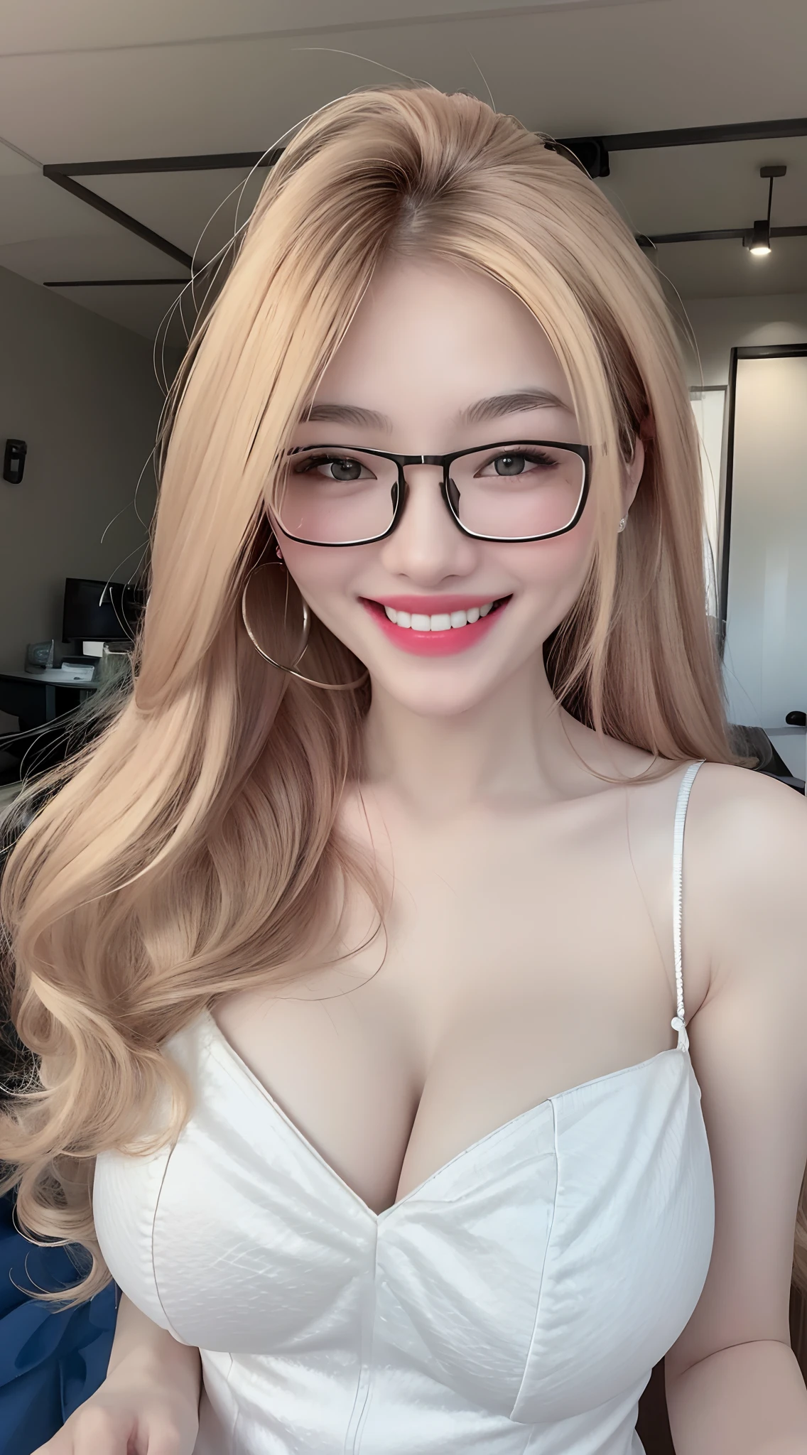 1 girl, glasses girl, ((Best Quality, 8K, Masterpiece:1.3)), Focus: 1.2, Perfect Body Beauty: 1.4, Buttocks: 1.2, (((Gigantic Breasts: 1.4))), (Gigantic hip: 1.8),(white dress), Highly Detailed Face, perfect smile, Double Eyelids, White Skin, (((Long blonde Hair))), (Shut Up: 1.3), Smile,grin smiling, big smile,show teeth,(upper body focus:1.2),