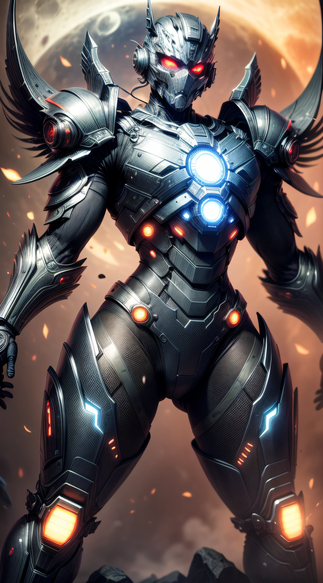 ((masterpiece)), ((best quality)), (ultra-detailed), ((extremely-detailed)), (((1Man))), full body, frontal, warrior, fully armored, robust, extremely powerful, intricate nanotechnology and biotechnology, high-tech futuristic armor, eyes emitting a deep red glow, eyes emitting a fiery glow, body with intricate tron circuitry, intricately detailed neon lighting, barren moonlit desert background, high quality full moon ,