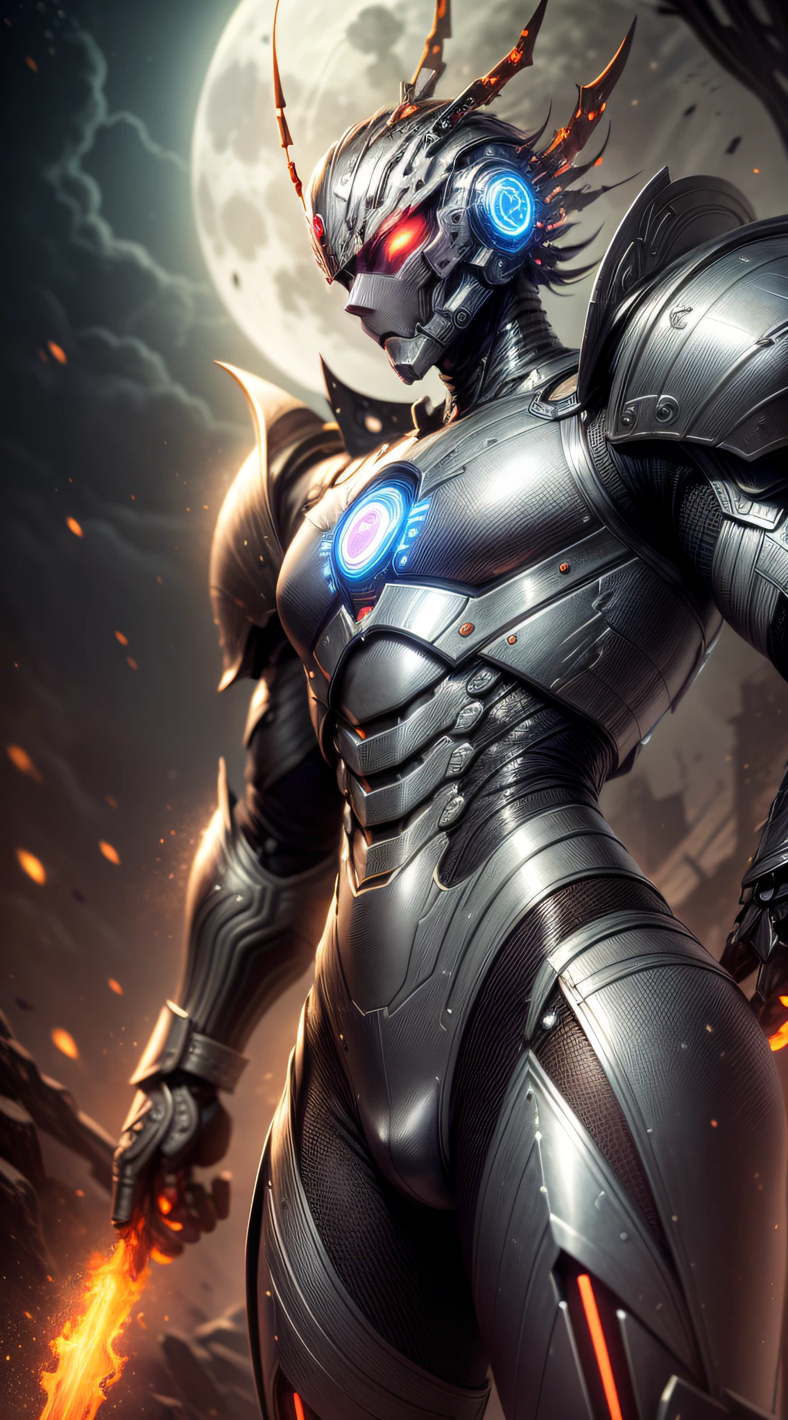((masterpiece)), ((best quality)), (ultra-detailed), ((extremely-detailed)), (((1Man))), full body, frontal, warrior, fully armored, robust, extremely powerful, intricate nanotechnology and biotechnology, high-tech futuristic armor, eyes emitting a deep red glow, eyes emitting a fiery glow, body with intricate tron circuitry, intricately detailed neon lighting, barren moonlit desert background, high quality full moon ,