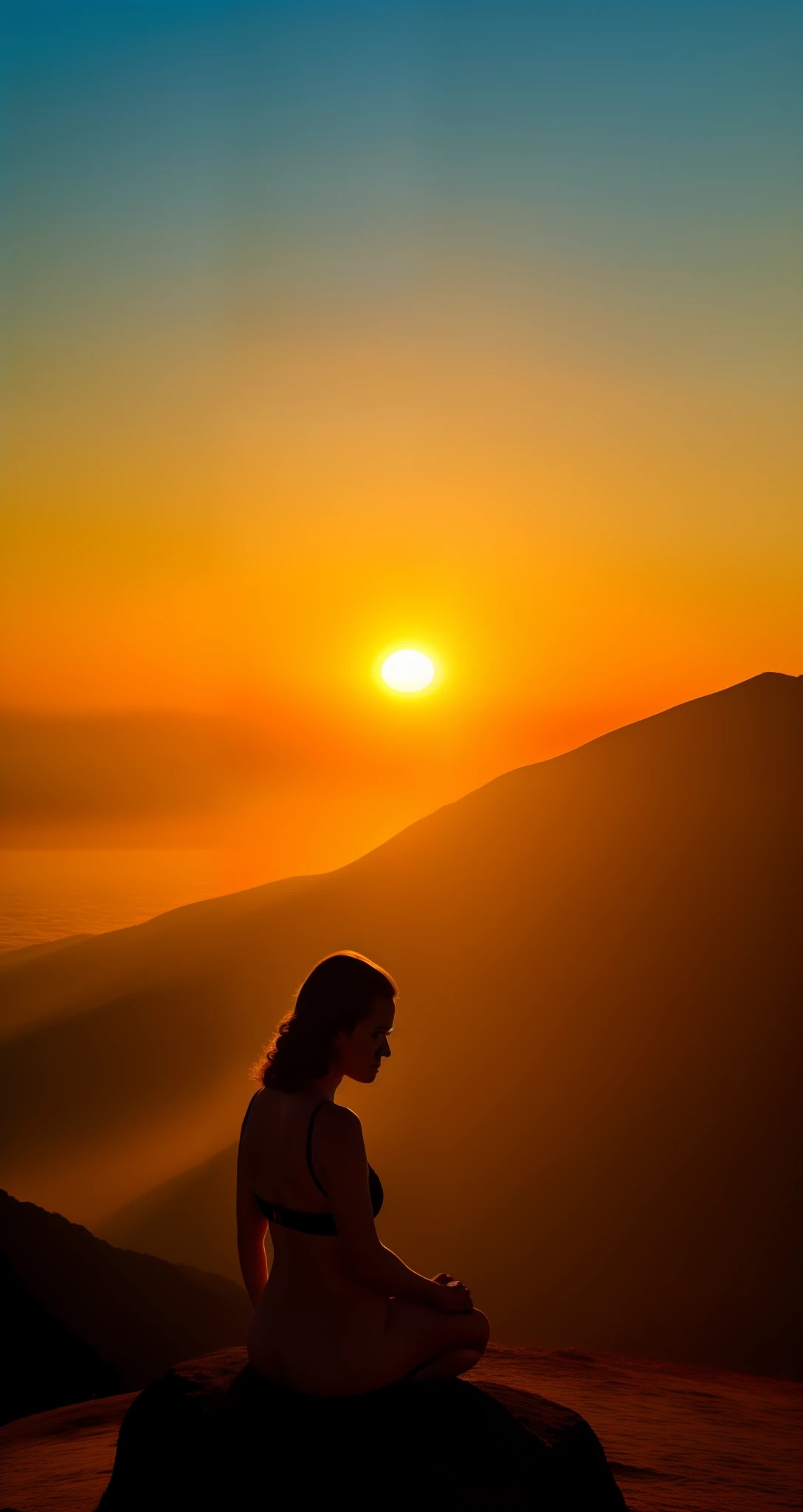 Um por do sol, uma mulher linda e loira olhando de cima de uma montanha, luz de cinema