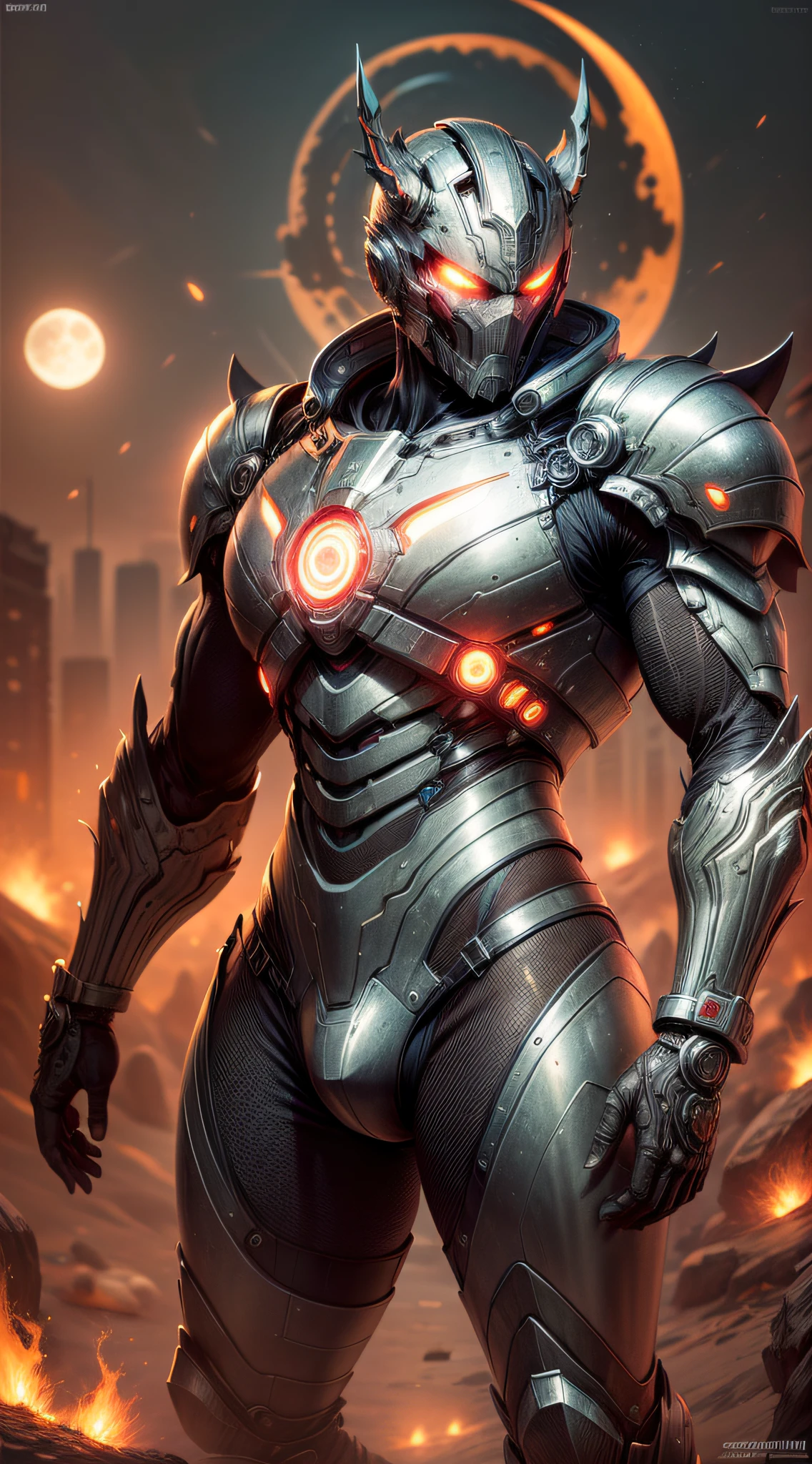 ((masterpiece)), ((best quality)), (ultra-detailed), ((extremely-detailed)), (((1Man))), full body, frontal, warrior, fully armored, robust, extremely powerful, intricate nanotechnology and biotechnology, high-tech futuristic armor, eyes emitting a deep red glow, eyes emitting a fiery glow, body with intricate tron circuitry, intricately detailed neon lighting, barren moonlit desert background, high quality full moon ,