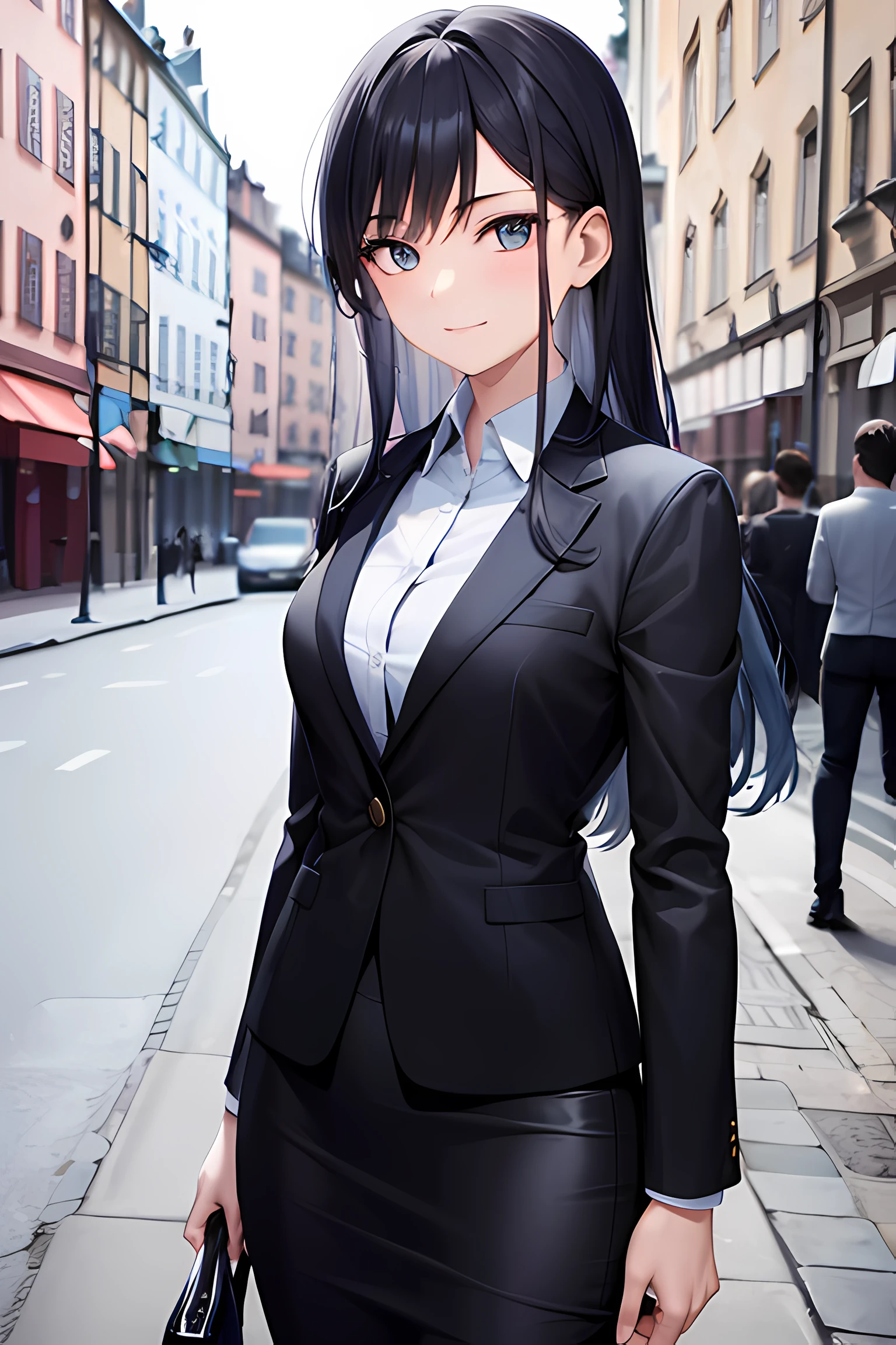 1girl, suit, europe, sweden, stockholm, office lady, black skirt, black blazer, pencil skirt, long hair, blue hair, light blue eyes, short smile, teenager,