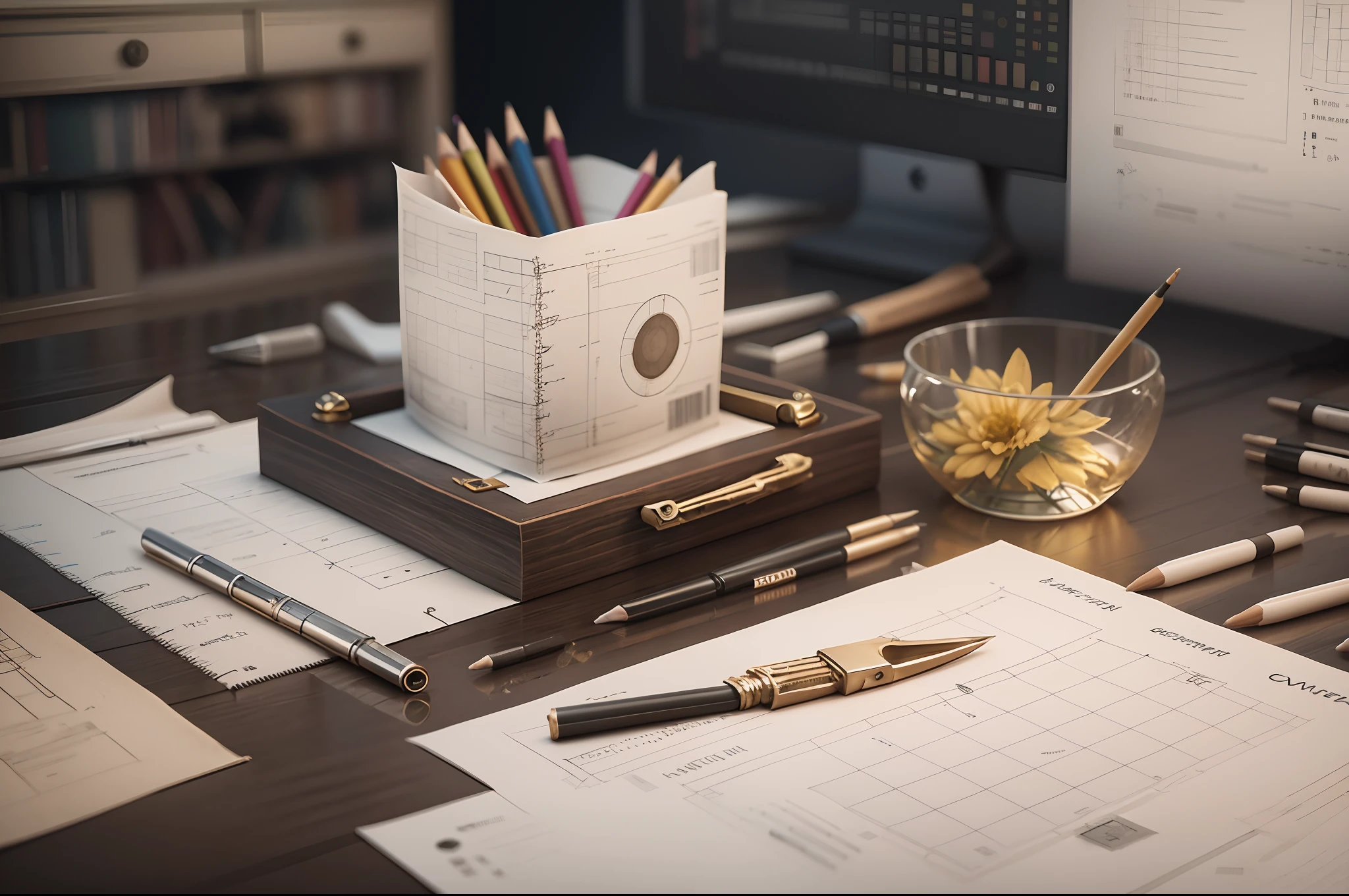 various graphic designer items on a table, there is a ruler, square, pocketknife, pencils and drawing sheets, isolated on transparent background. 3D render.