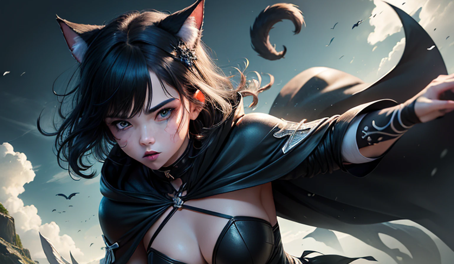 (skill + artistic selection + full detail picture + high-resolution picture + floating + dynamic angle + (1girl) + combat + fabric + costume, black robe, black cloak and bow around the neck + elegant face + blue eyes + black hair + hair multi-color + dark hair: 1.3), dawn, clouds, rocky terrain, watercolor effect in the whole frame "catgirl, eared, Neko,