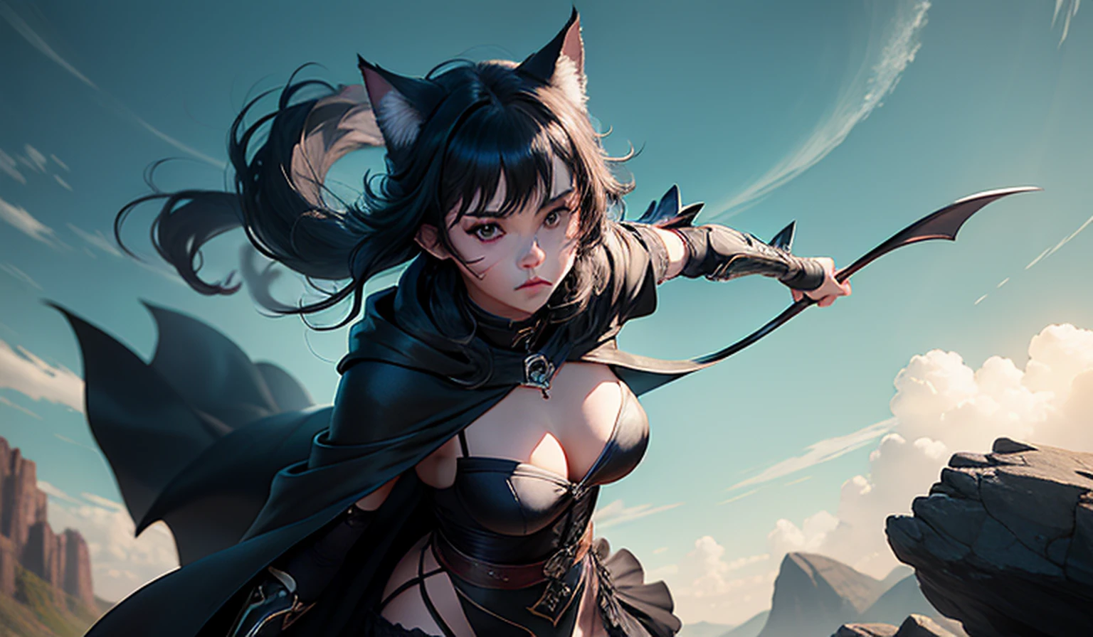(skill + artistic selection + full detail picture + high-resolution picture + floating + dynamic angle + (1girl) + combat + fabric + costume, black robe, black cloak and bow around the neck + elegant face + blue eyes + black hair + hair multi-color + dark hair: 1.3), dawn, clouds, rocky terrain, watercolor effect in the whole frame "catgirl, eared, Neko,
