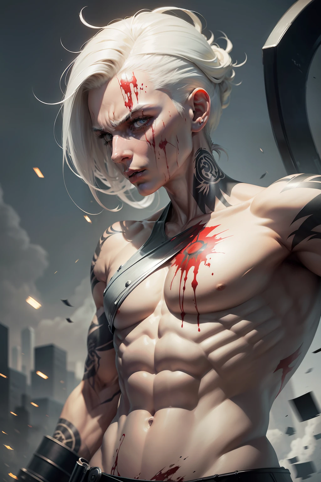 Killing the battlefield, white color hair,brush cut, Upper body muscles, Lower body mechanics, , holding a scythe, There are tattoos on the upper body, Chest injuries, There is blood on the body, with a determined look in his eyes,surrealism, High detail, Cubist futurism, Cinematic lighting, hyper HD, Textured skin