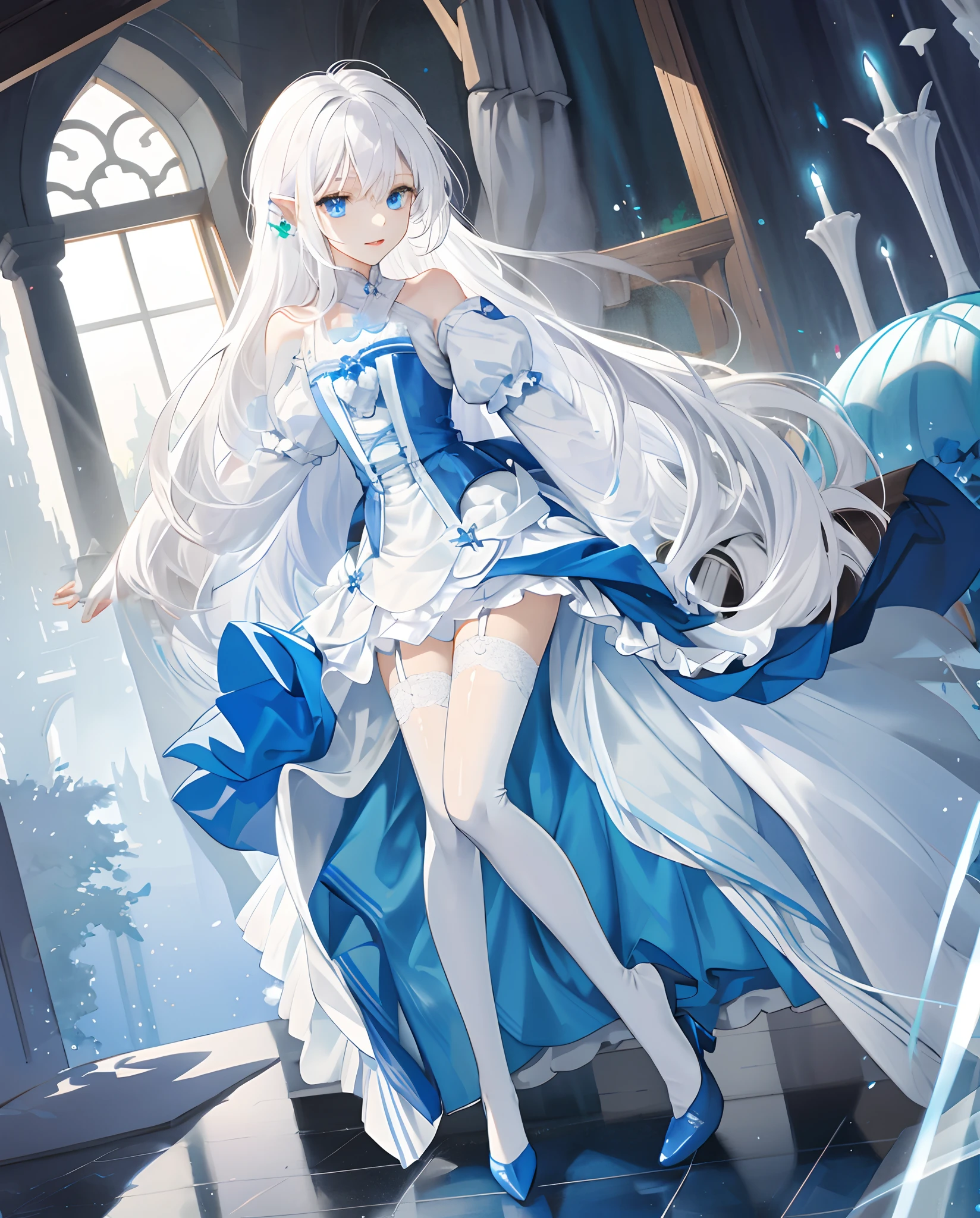 Blue and white long dress, blue and white clothing, blue and white stockings, blue and white leg ring, blue and white suspenders, sexy little long legs, white beauty, elegant
