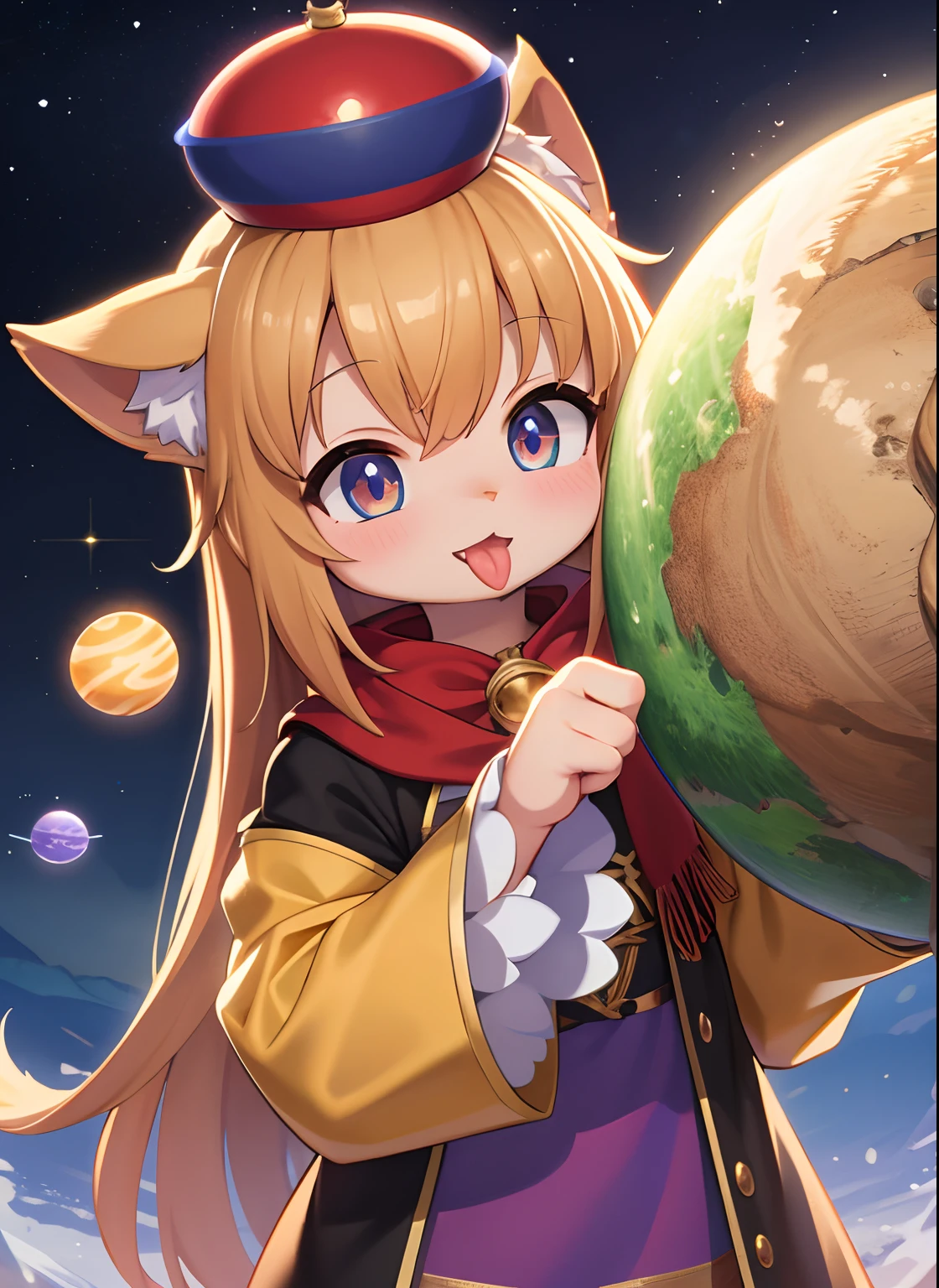 tmasterpiece, High-quality portraits, 3D realistic CG, dramatic lighting, Complicated details, tack sharp focus, 16k, Humanity, hairy pubic, (Cubs), (sbeard), Solo creatures,Cute girls, Stick out your tongue,Shy, 围巾, (Magic Wind Ball:1.4), (hands out), (Planets in outer space), (Photographed by Kekitopu), full-shot