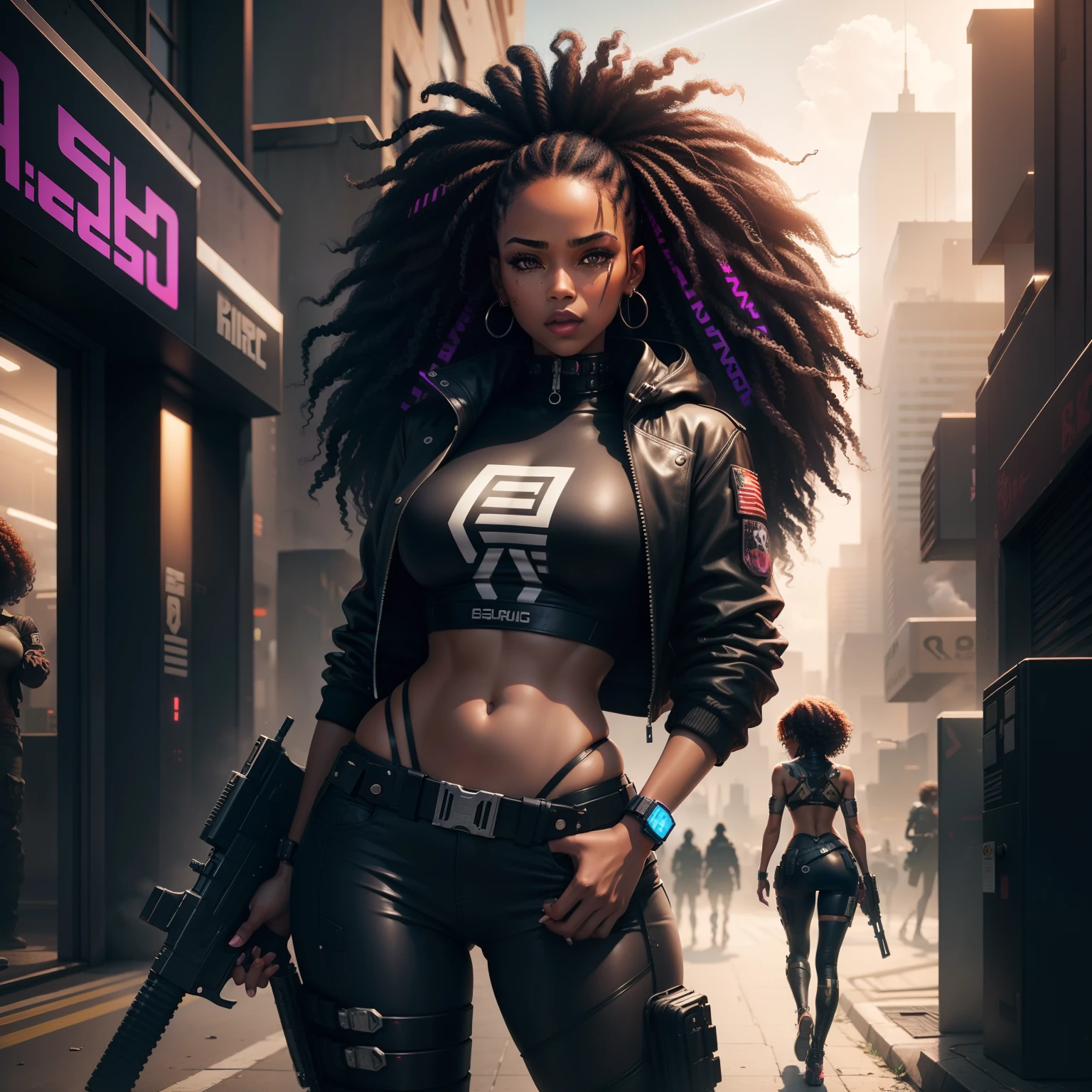 Black woman, gun, curly hair, cyberpunk