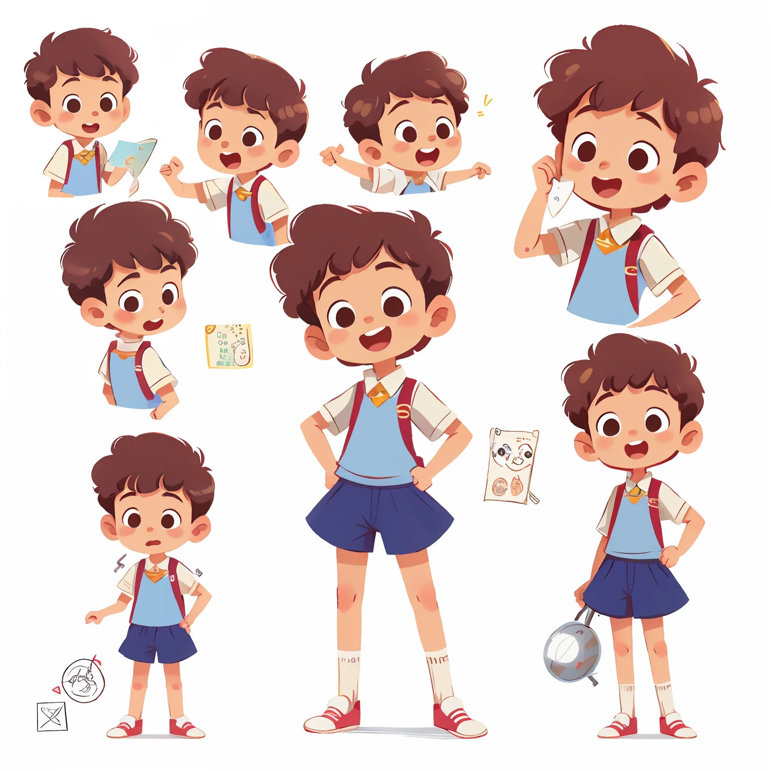 little boy 16 years old short curly hair,
with school uniform, Happy,
detailed character sheet, multiply poses and expessions, isolated on white background, character design, hyper detailed, fine details, reference sheet,
in the style of childreb book charecter,
charecter sheet, white background
children book character