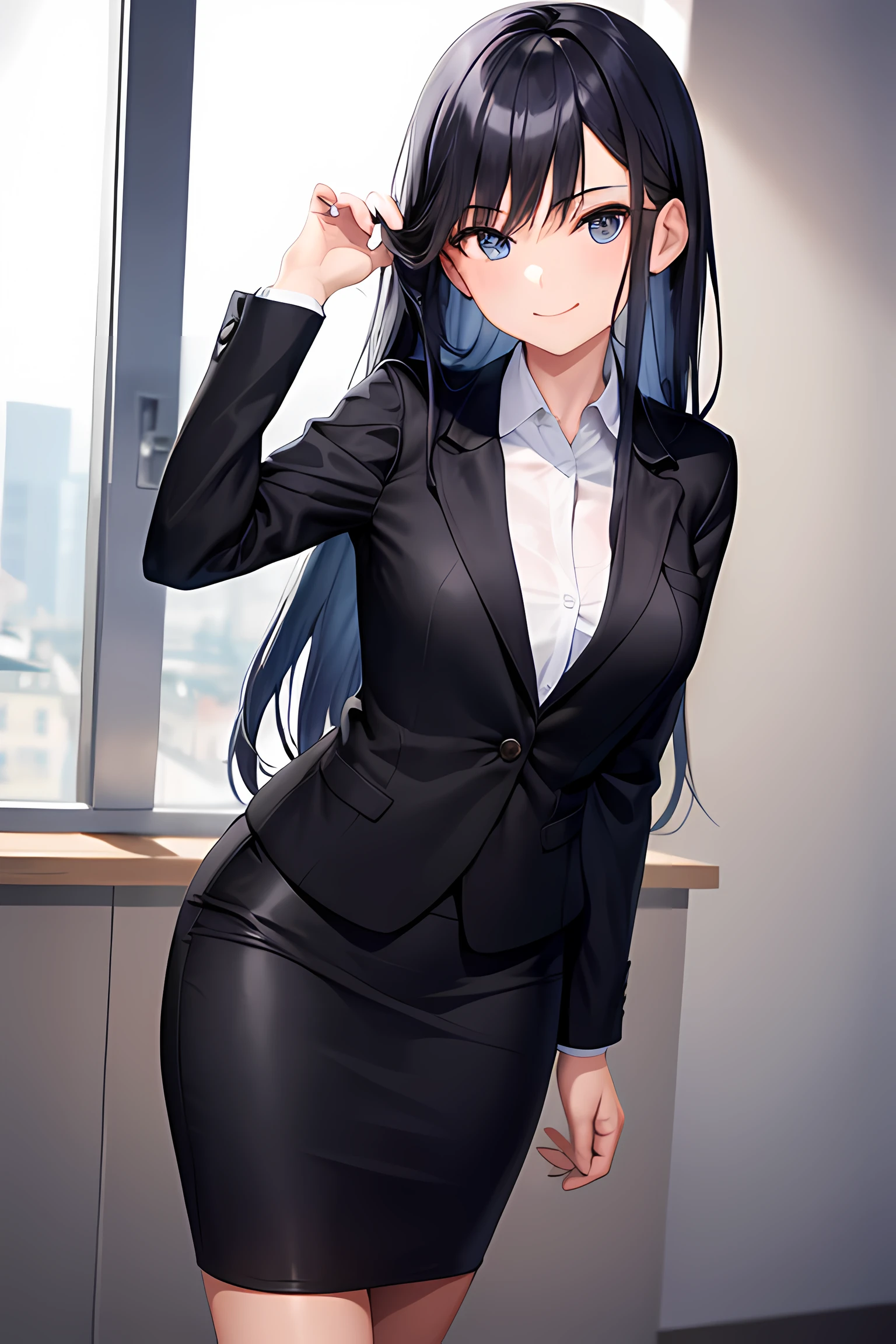 1girl, suit, europe, sweden, stockholm, office lady, black skirt, black blazer, pencil skirt, long hair, blue hair, light blue eyes, short smile, teenager,