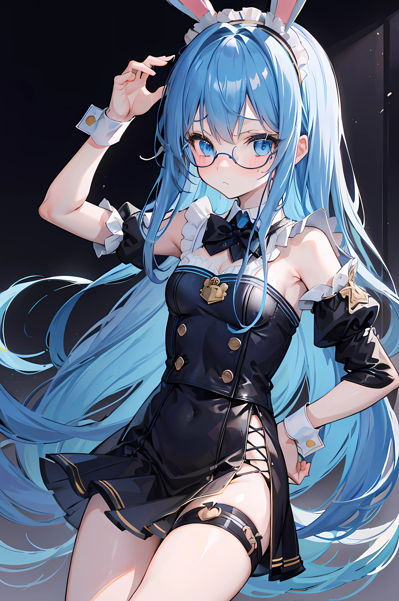 high res, ultrasharp, 8k, masterpiece, 1 girl, long blue hair, wavy hair, blue eyes, black glasses, rounded glasses, bunny ears, blue bunny ears, black maid uniform, shy expression, embarrassed