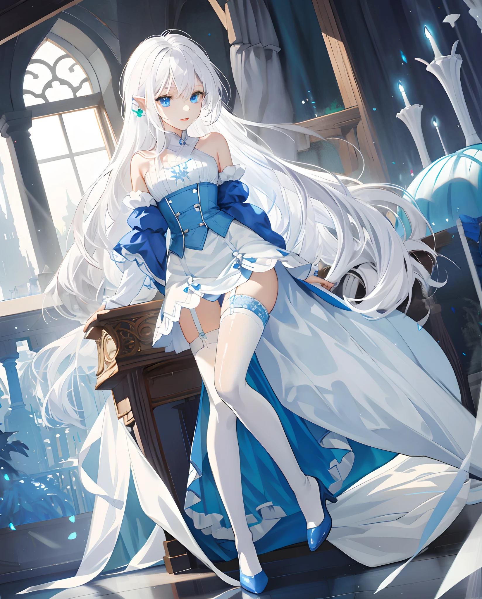 Blue and white long dress, blue and white clothing, blue and white stockings, blue and white leg ring, blue and white suspenders, sexy little long legs, white beauty, elegant