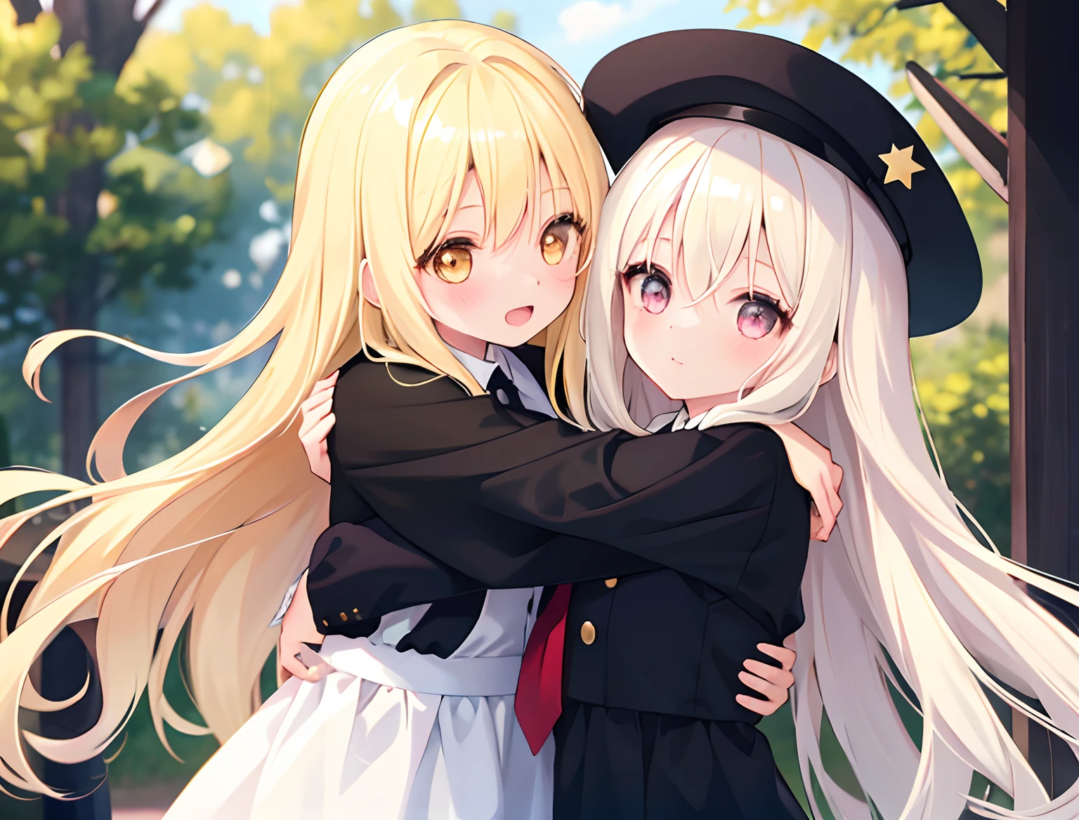 2girls，Girl1：，adolable，Blonde hair，long whitr hair，girl 2：Black hair，long whitr hair，hugs