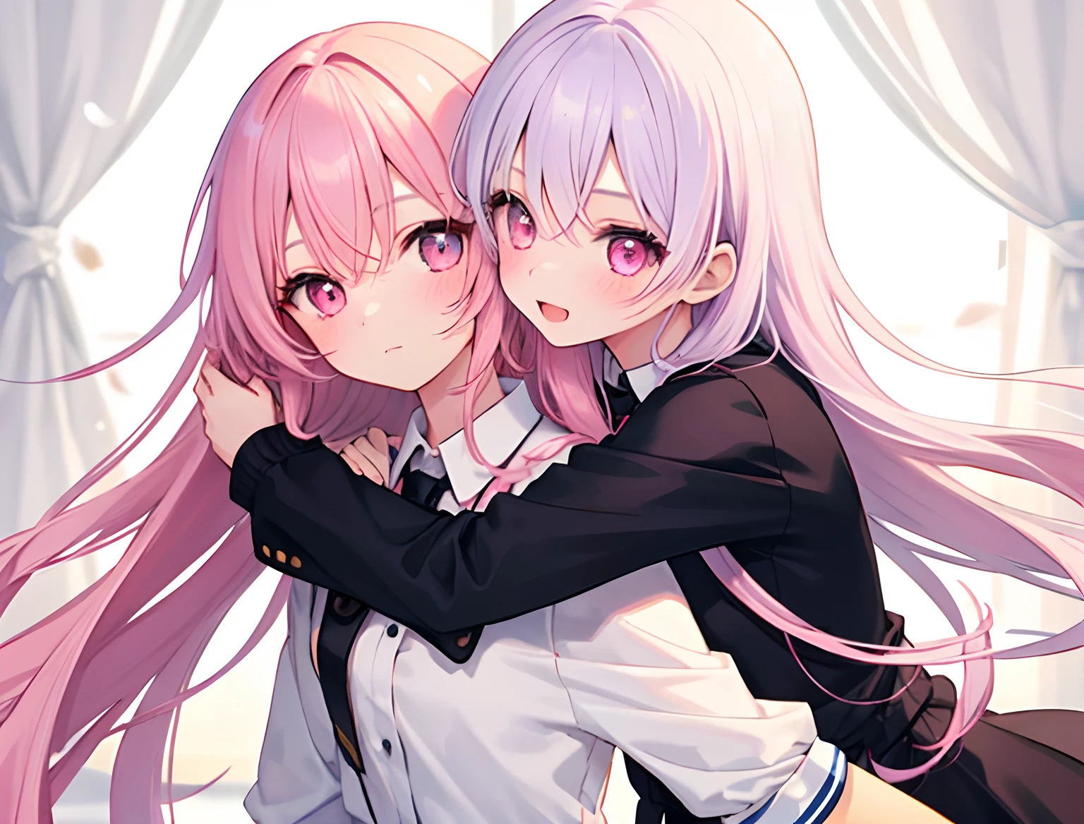 2girls，Girl1：，adolable，Pink hair，long whitr hair，girl 2：white color hair，long whitr hair，hugs