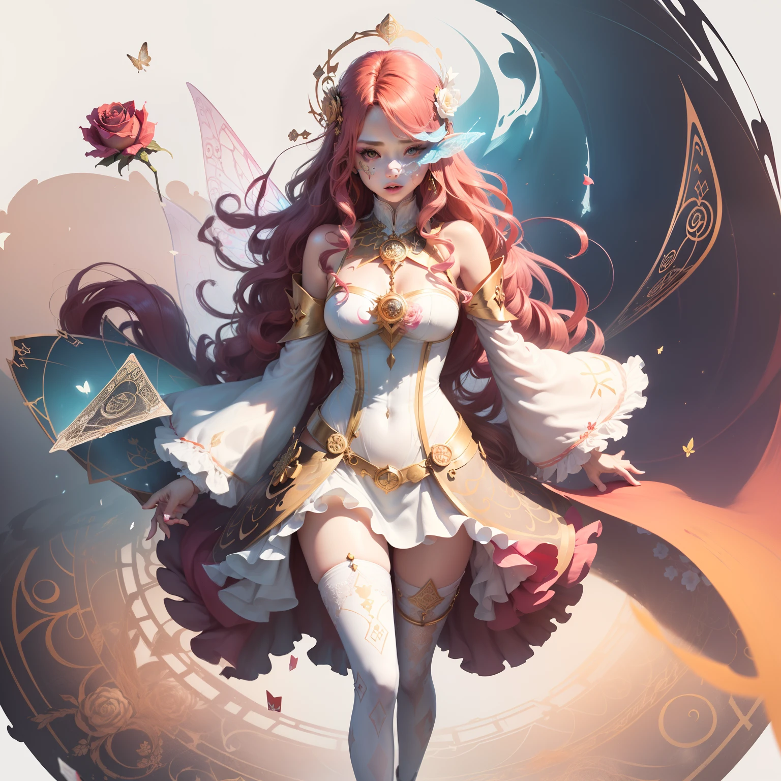 (Golden Ratio:1.2),(rose graffiti:1.2),(fault color:1.3),[(white background:1.4)::10], (full body:1.2),(ultra-detailed:1.3),(tarot:1.6),(the magician (tarot):1.6),

(paper:1.2),(fairy:1.6),(fairy wings:1.2),full body, standing in the air,(cool:1.2),(red long hair),(butterfly hair ornaments),(flower hair ornaments:1.0),((sandal,Locket)),(colorful cocktail long dress:1.0)+(Loose sleeves coat :1.3)+(floting colorful tassel and ribbon :1.2),(White stockings:1.2),

(colorful ink paper flower grow on the face:1.2),(colorful flower sea:1.3),

(chaotic geometric images:1.3),(nagative space:0.8),(drawing board:1.3),

(ether colorful ink flowing:1.3)
