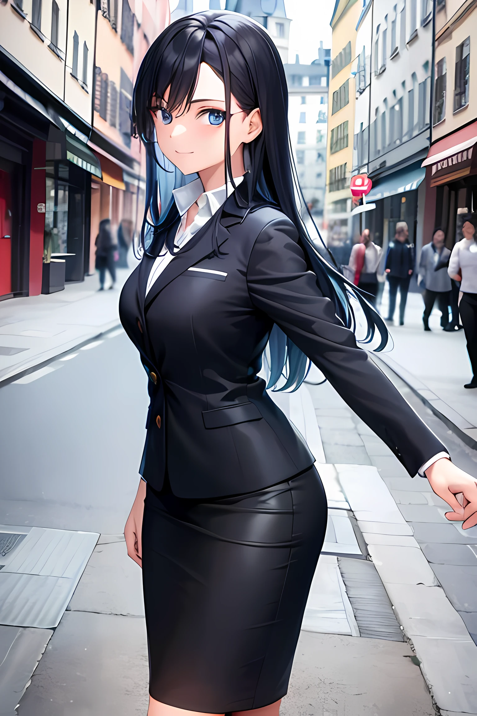 1girl, suit, europe, sweden, stockholm, office lady, black skirt, black blazer, pencil skirt, long hair, blue hair, light blue eyes, short smile, ager,