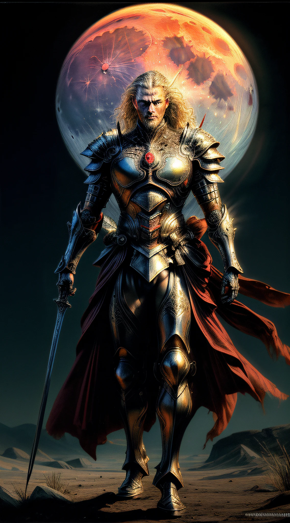 ((masterpiece)), ((best quality)), (ultra-detailed), ((extremely-detailed)), (((1Man))), full body, frontal, medieval warrior, fully armored, rugged, extremely powerful, intricate nanotechnology and biotechnology, high-tech futuristic armor, eyes emitting a deep red glow, eyes emitting a fiery glow, body with intricate tron circuitry, intricately detailed neon lighting, moonlit barren desert background, high-altitude full moon quality,