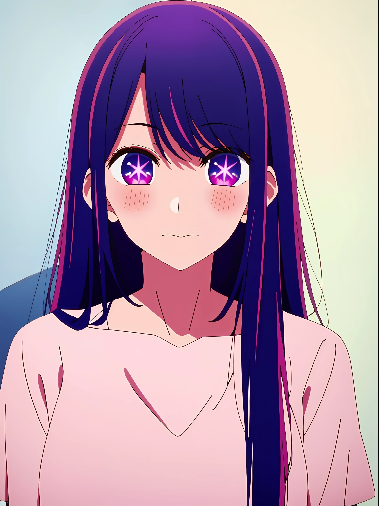 masterpiece、ighly detailed、hightquality、(1 girl in:1.2)、purple color hair、pink dress、a closeup、Ai Hoshino、anime styled、独奏